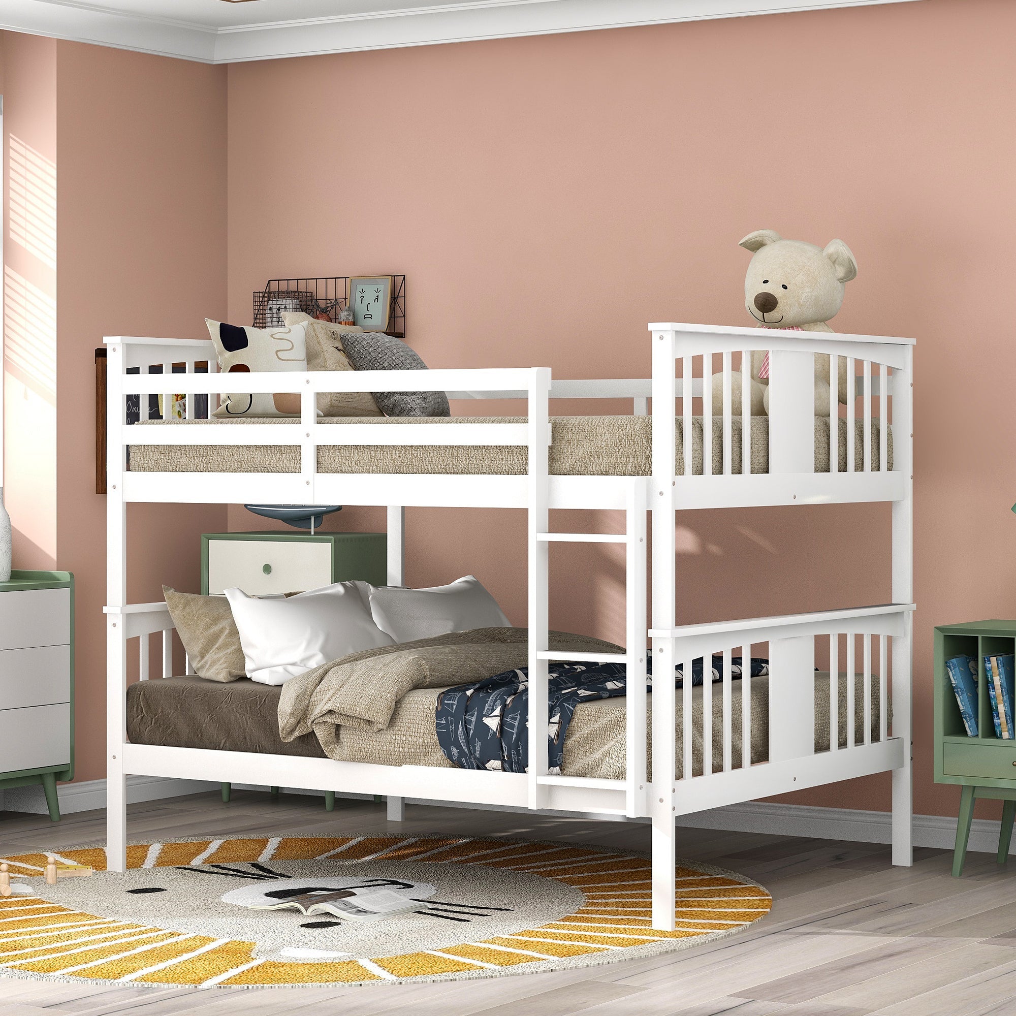 Full over Full Bunk Bed with Ladder for Bedroom, Guest Room Furniture-White image 1
