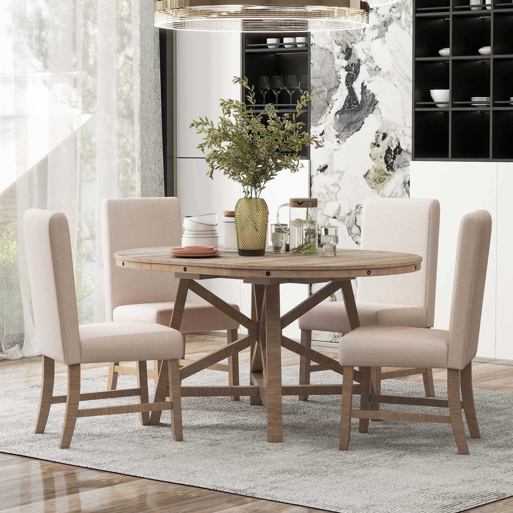 5-Piece Retro Functional Dining Set with Extendable Round Table with Removable Middle Leaf and 4 Upholstered Chairs for Dining Room and Living Room (Natural Wood Wash) image 1