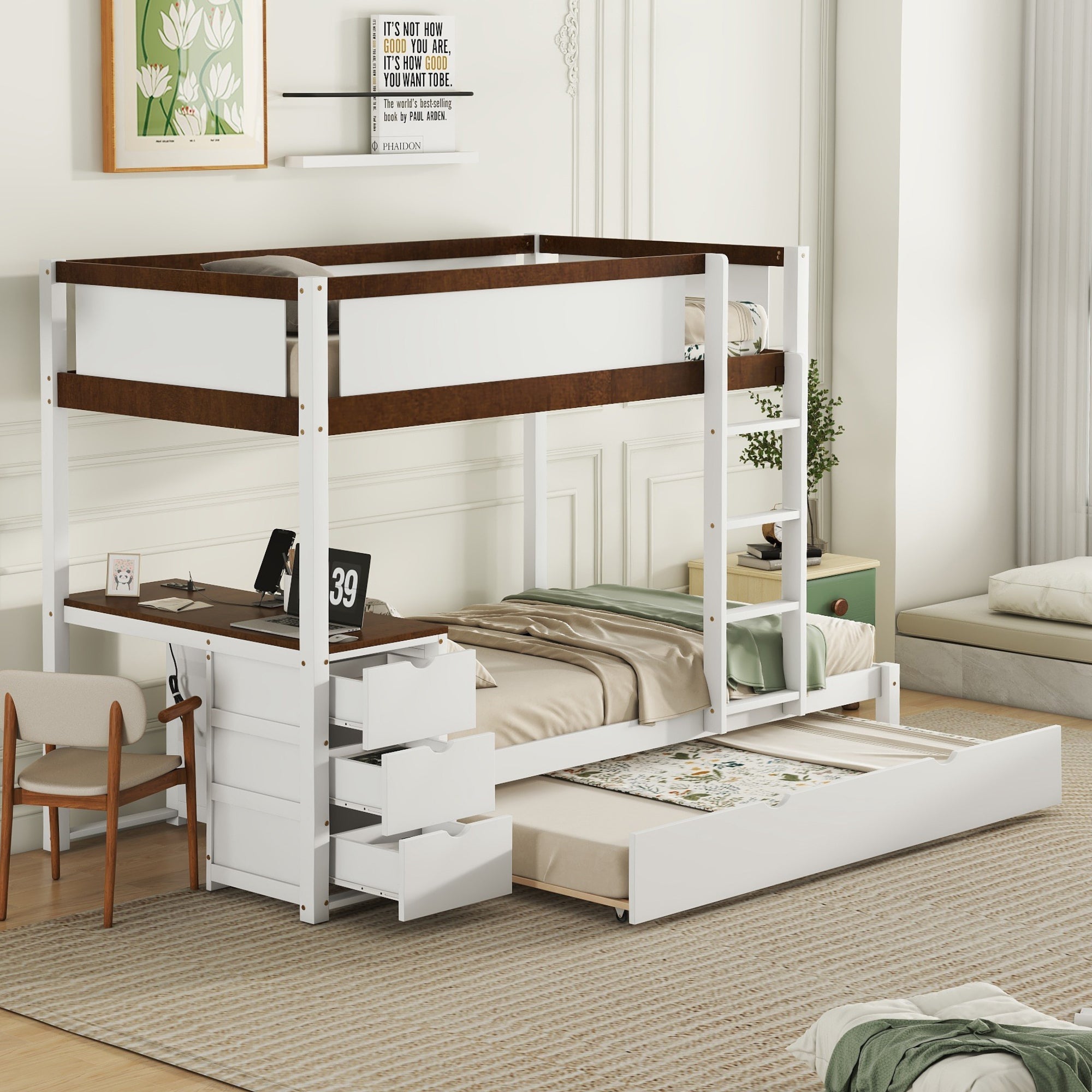Twin-Over-Twin Bunk Bed with Twin size Trundle, Storage and Desk, White+Walnut image 1