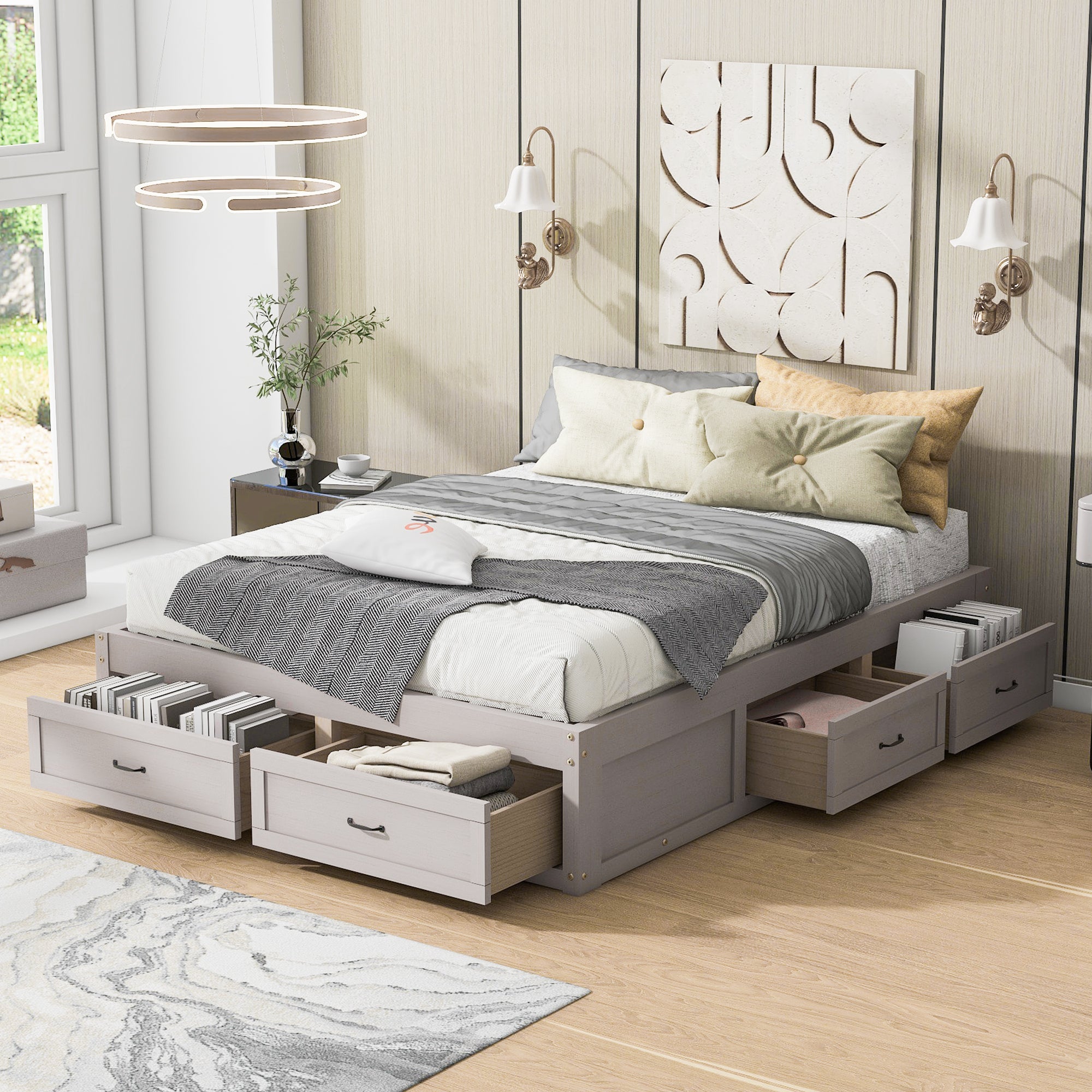 Queen Size Platform Bed with 6 Storage Drawers,Antique White image 1