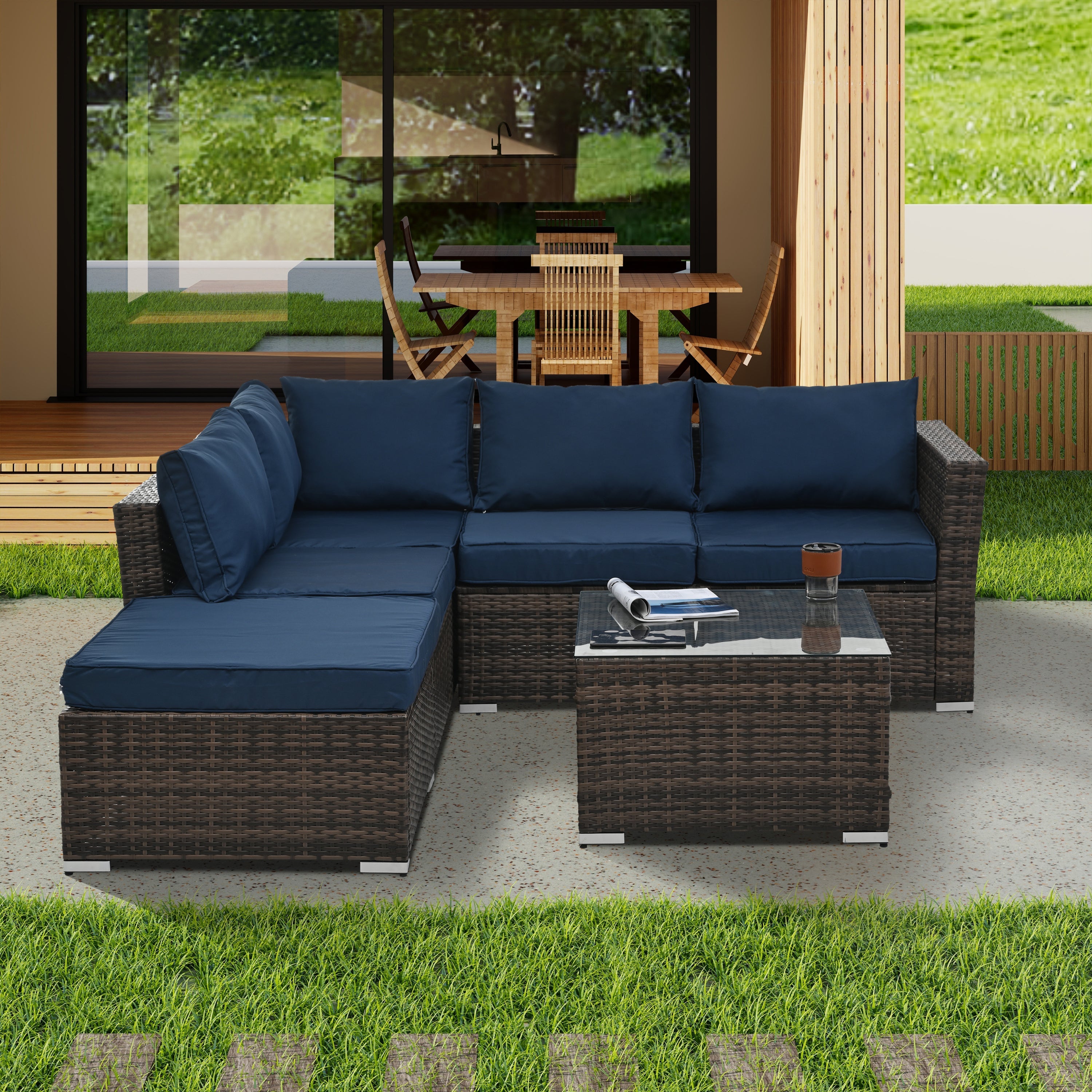 Patio Furniture, Outdoor Furniture, Seasonal PE Wicker Furniture, 4 Set Wicker Furniture With Tempered Glass Coffee Table image 1