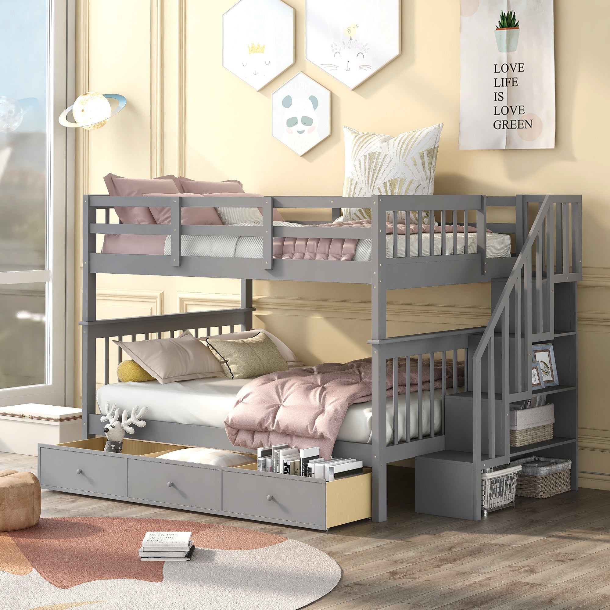 Stairway Full-Over-Full Bunk Bed with Drawer, Storage and Guard Rail for Bedroom, Gray color image 1