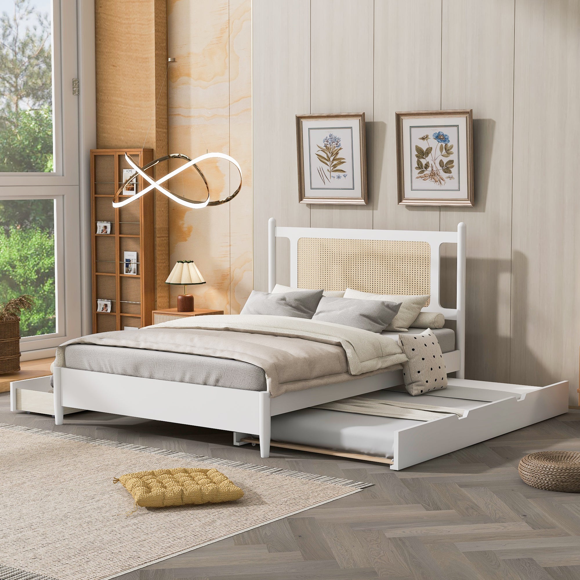 Queen Size Wooden Rattan Platform Bed, with 2 Big Drawers, T Size Trundle, White image 1