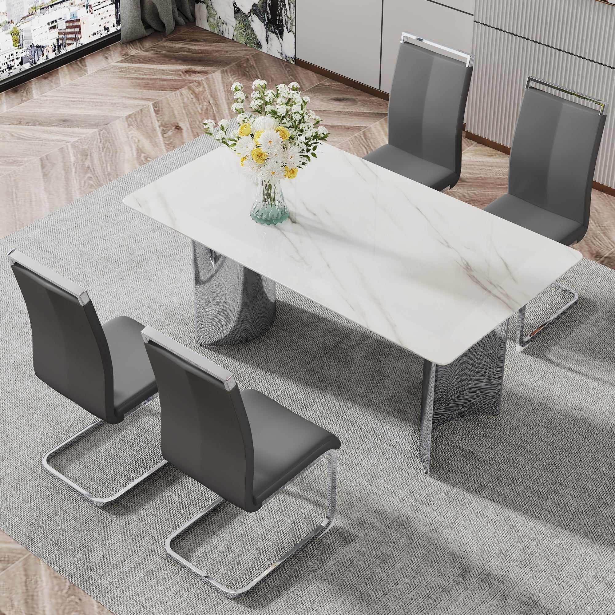 Modern minimalist dining table. Imitation marble glass sticker desktop, stainless steel legs, stable and beautiful. 4 premium PU seats. 63 inches x 35.4 inches x 29.5 inches DT-69 image 1
