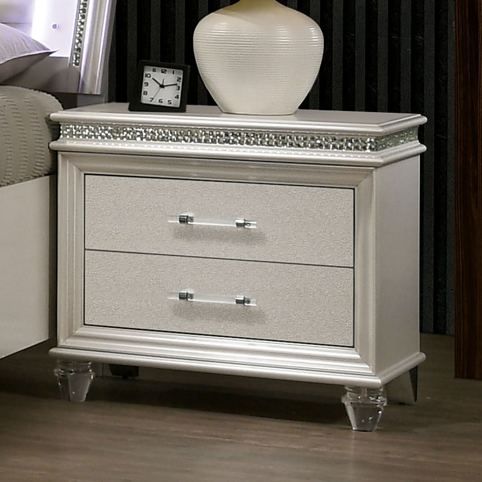 Classic Pearl White 1pc Nightstand Only Contemporary Solid wood 2-Drawers Felt-lined Top English Dovetail Acrylic Legs & Pull Handle image 1