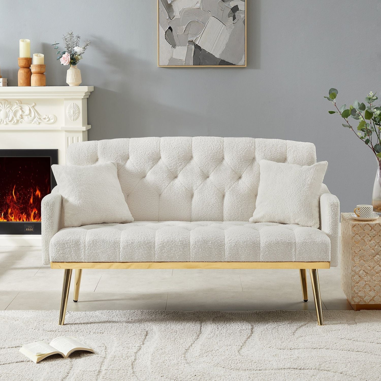 CREAM WHITE TEDDY FABRIC 2 SEATER SOFA image 1