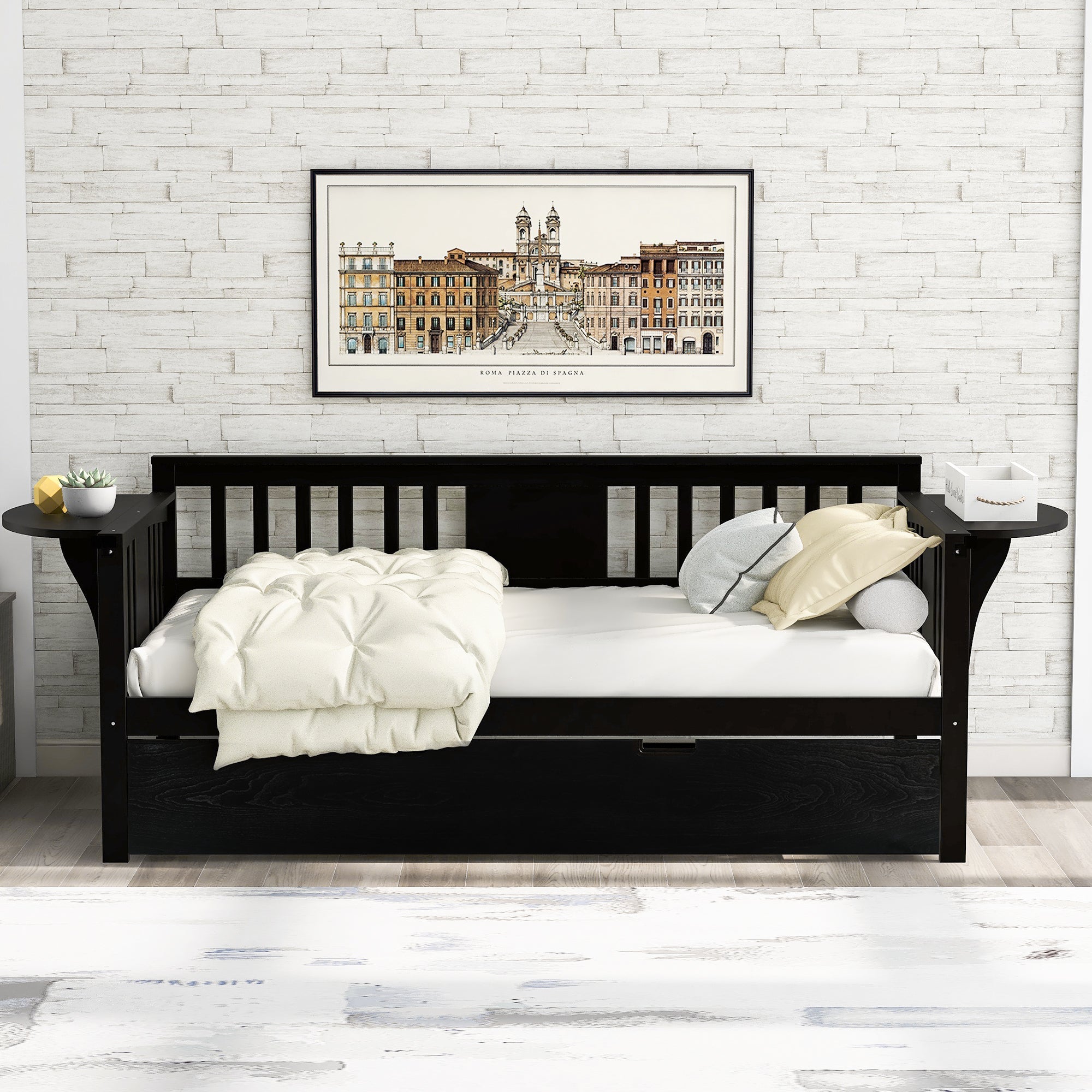 Twin Wooden Daybed with Trundle Bed, Sofa Bed for Bedroom Living Room, Espresso image 1
