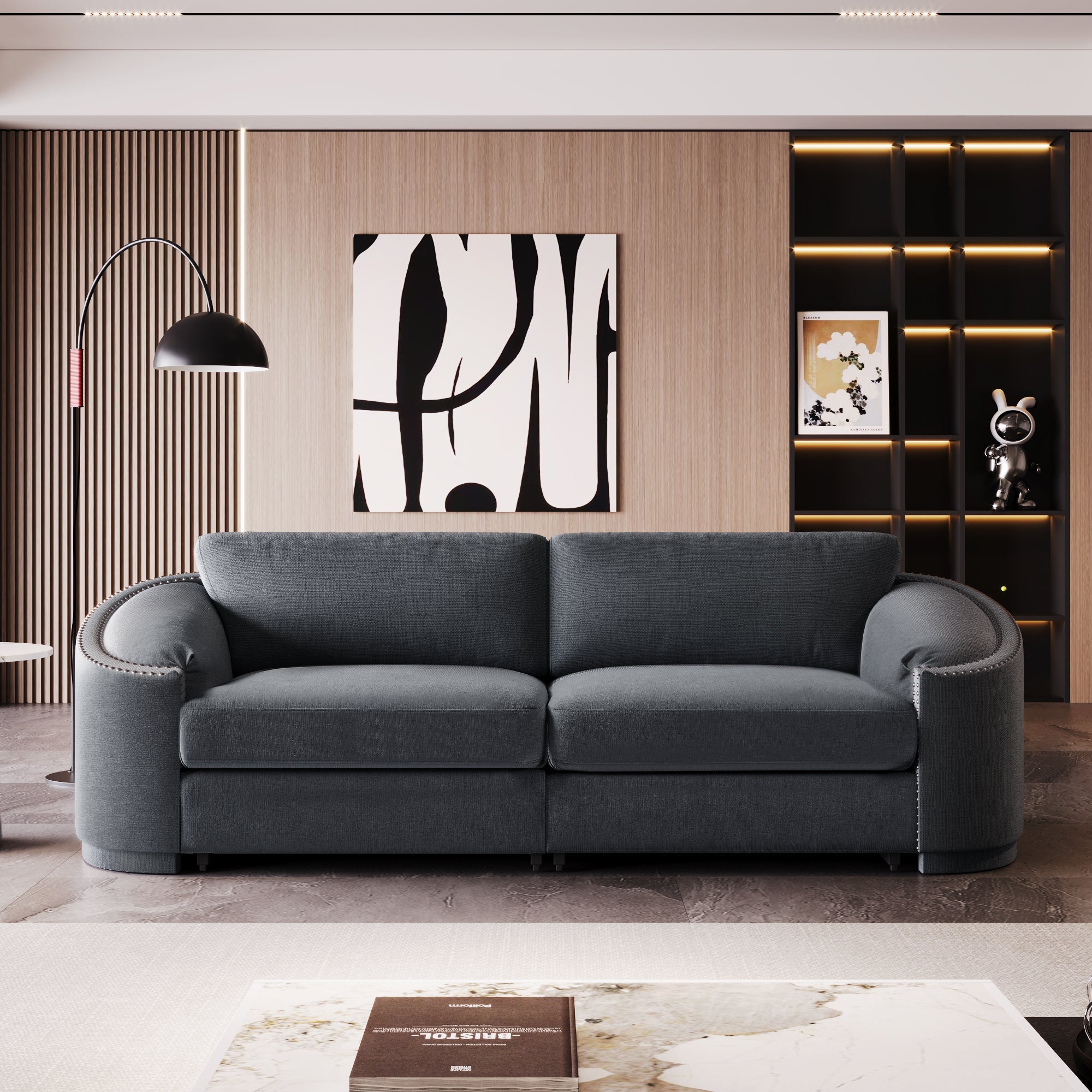 Stylish Sofa with Semilunar Arm, Rivet Detailing, and Solid Frame for Living Room image 1