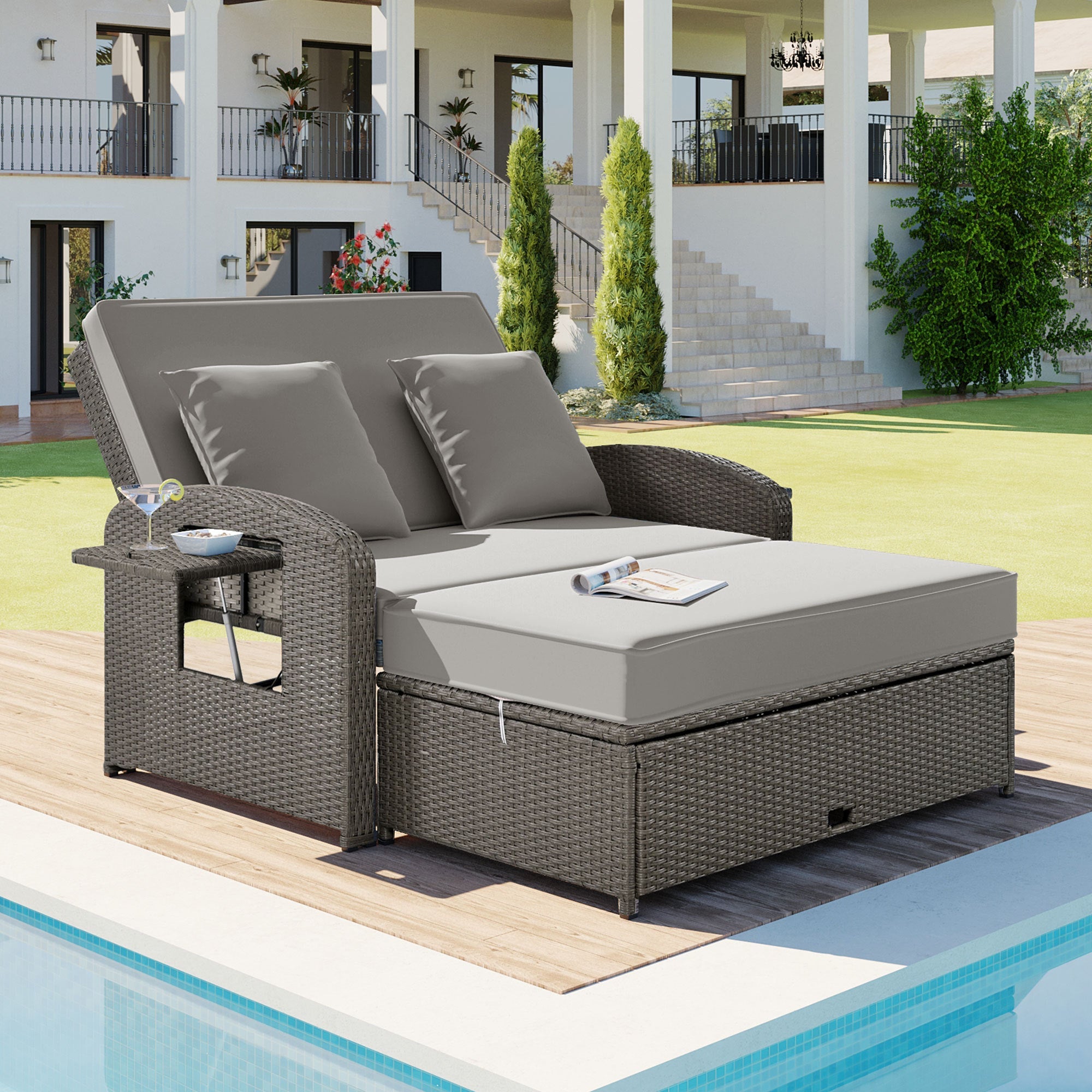 PE Wicker Rattan Double Chaise Lounge, 2-Person Reclining Daybed with Adjustable Back and Cushions, Free Furniture Protection Cover,Gray image 1