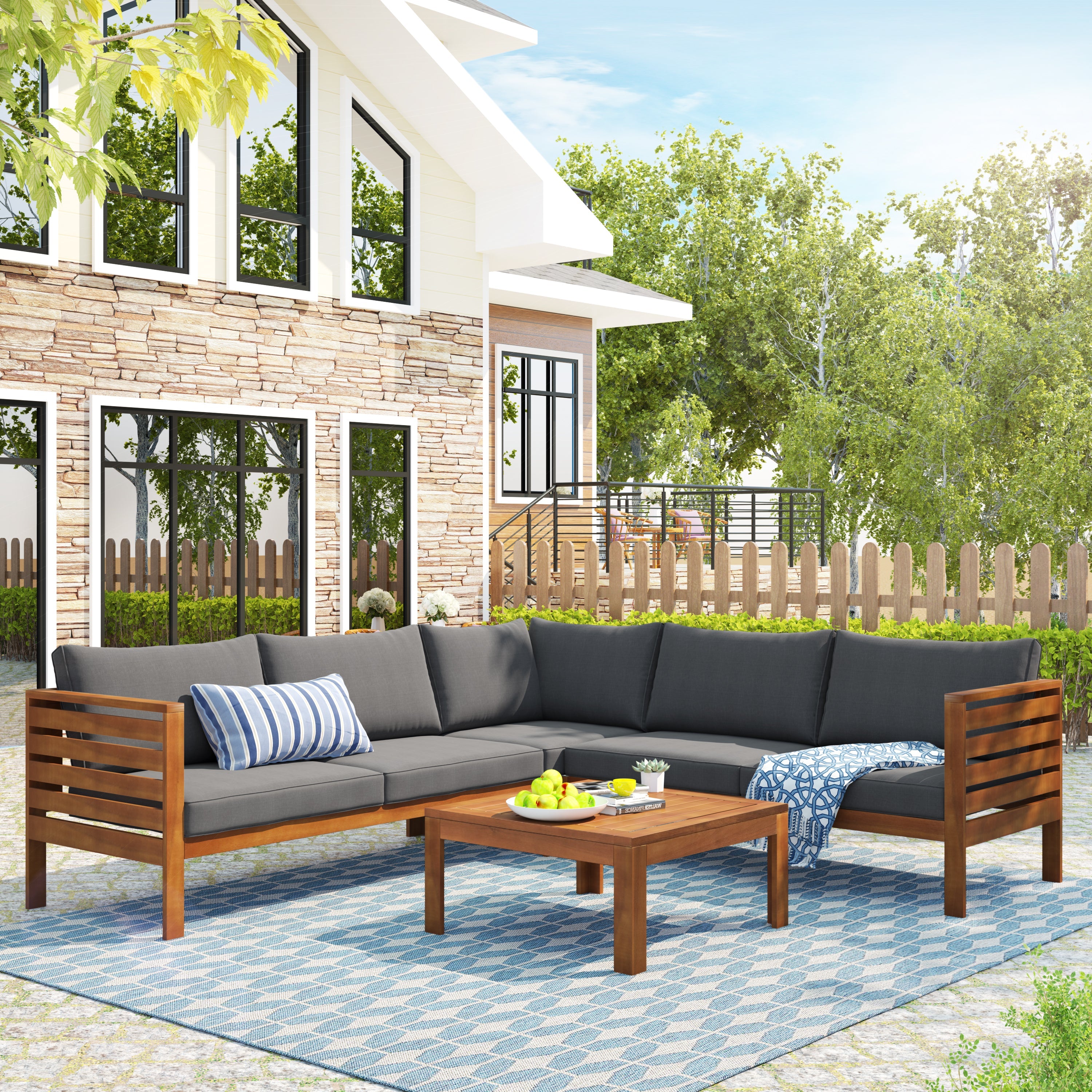 Wood Structure Outdoor Sofa Set with gray Cushions Exotic design Water-resistant and UV Protected texture High quality acacia wood Strong Metal Accessories image 1