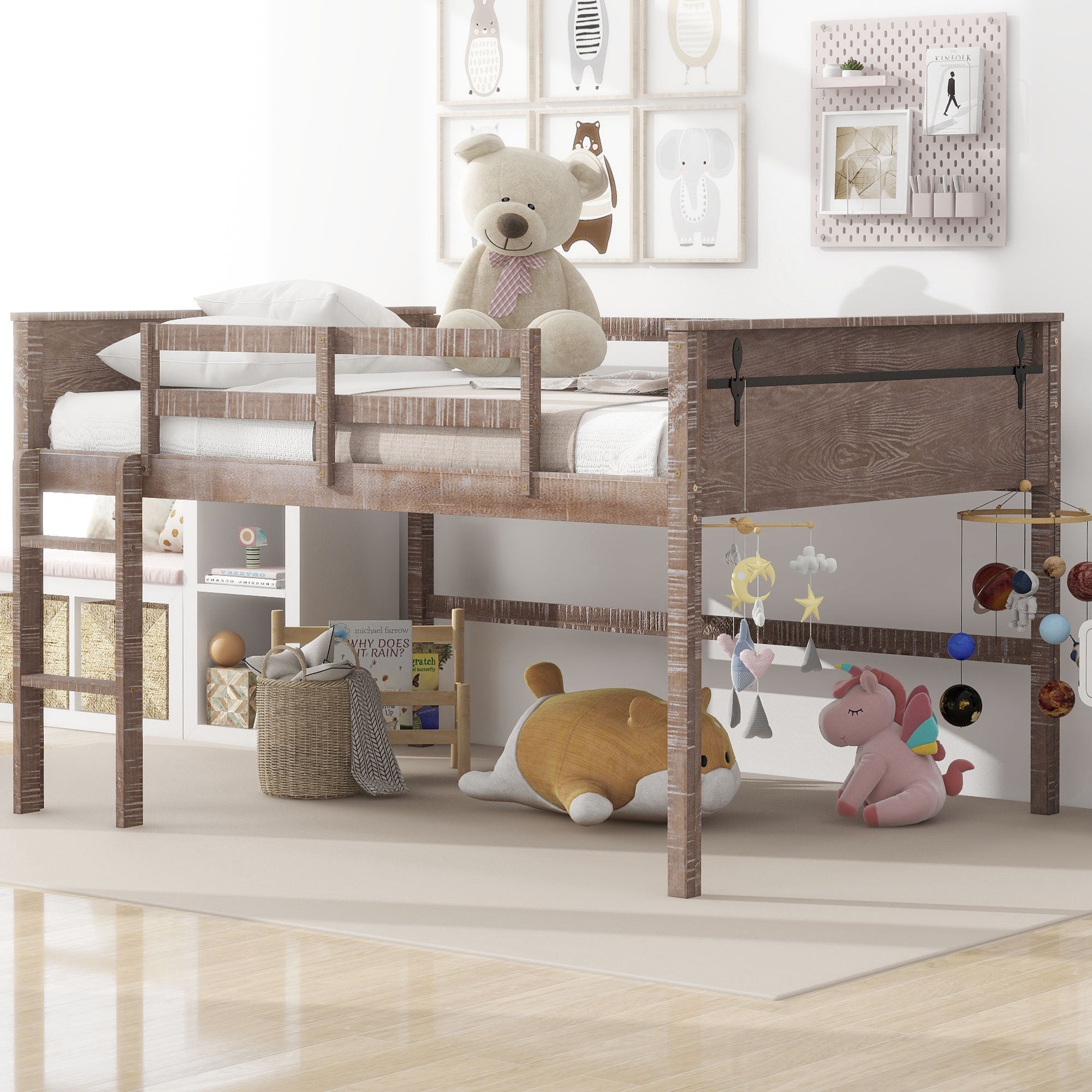 Wood Full Size Loft Bed with Hanging Clothes Racks, White Rustic Natural image 1