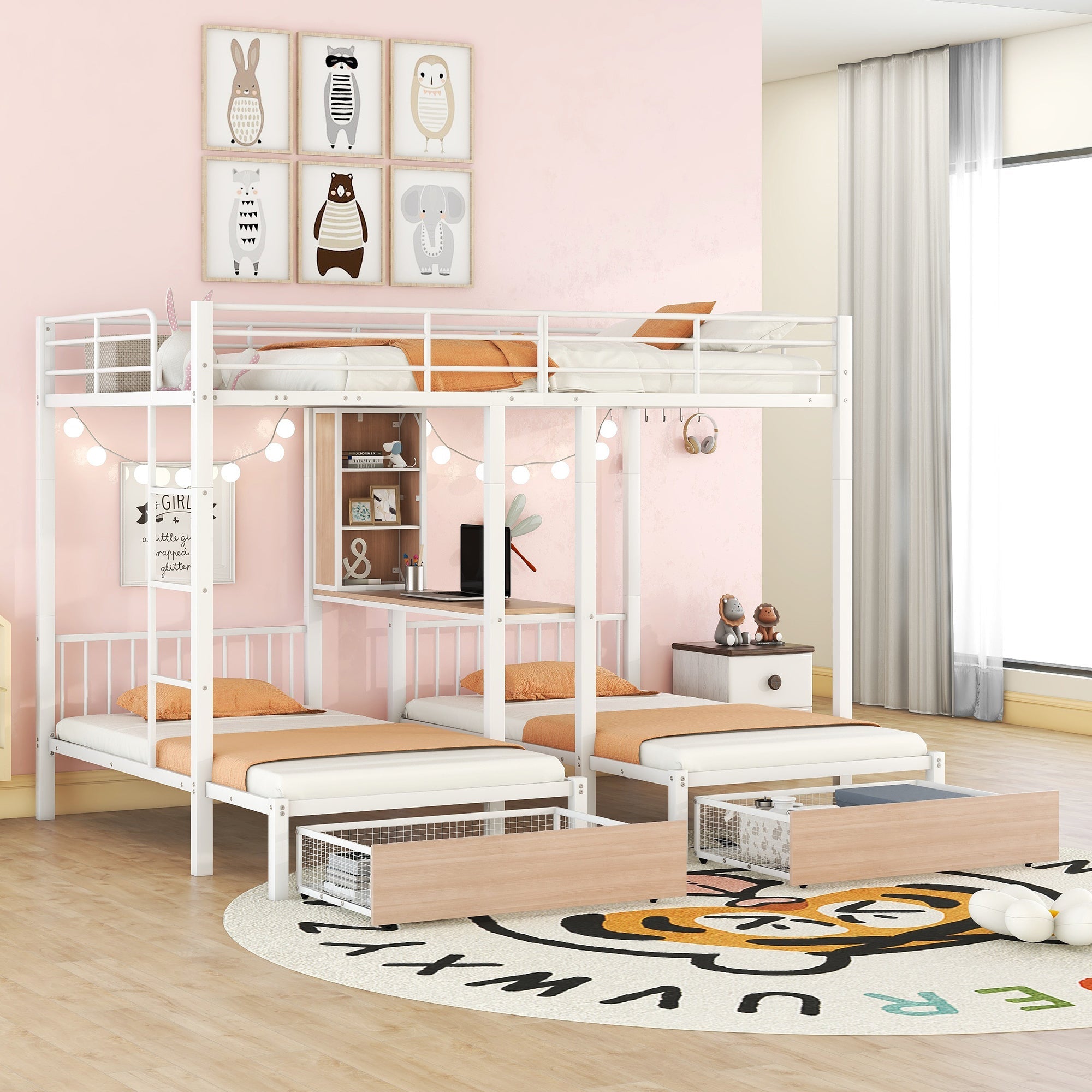 Full Over Twin & Twin Triple Bunk Bed with Drawers, Multi-functional Metal Frame Bed with desks and shelves in the middle, White image 1