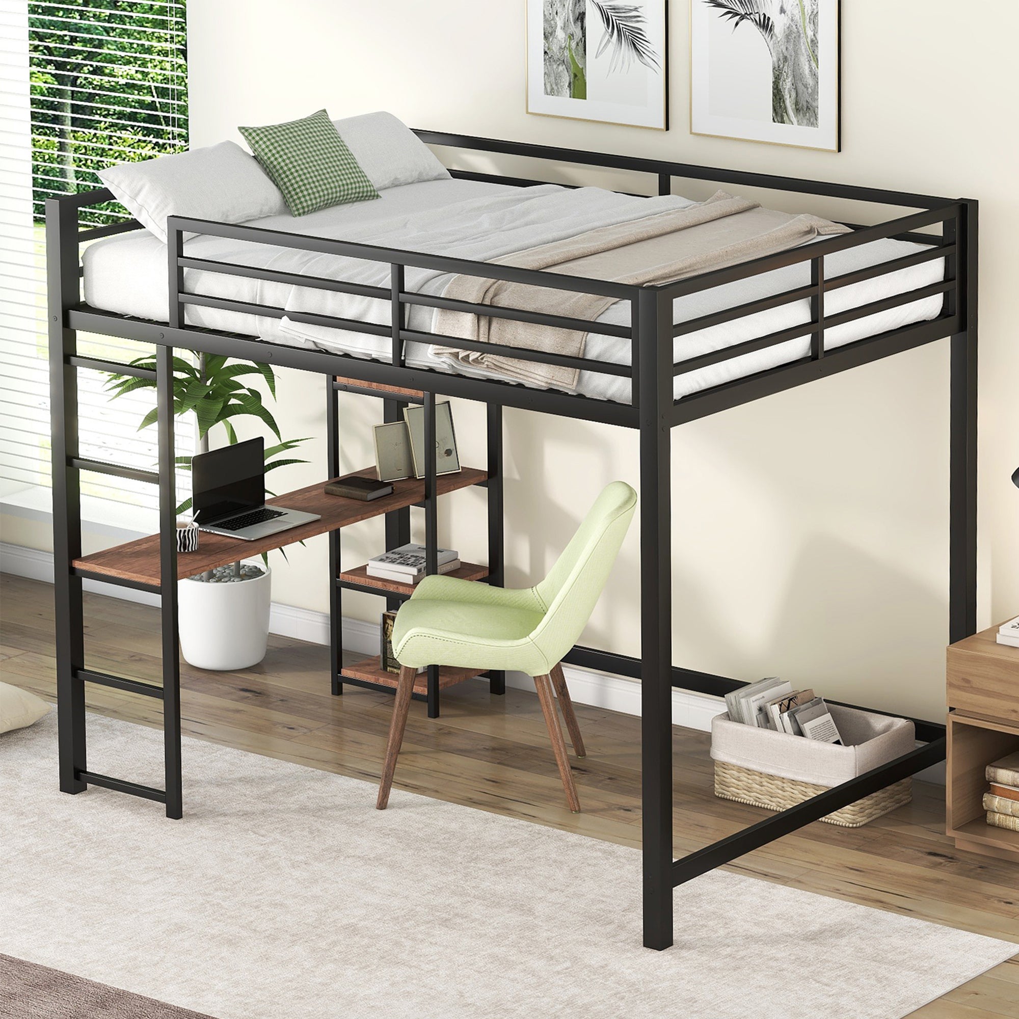 Full Size Metal Loft Bed with Built-in Desk and Storage Shelves, Black image 1