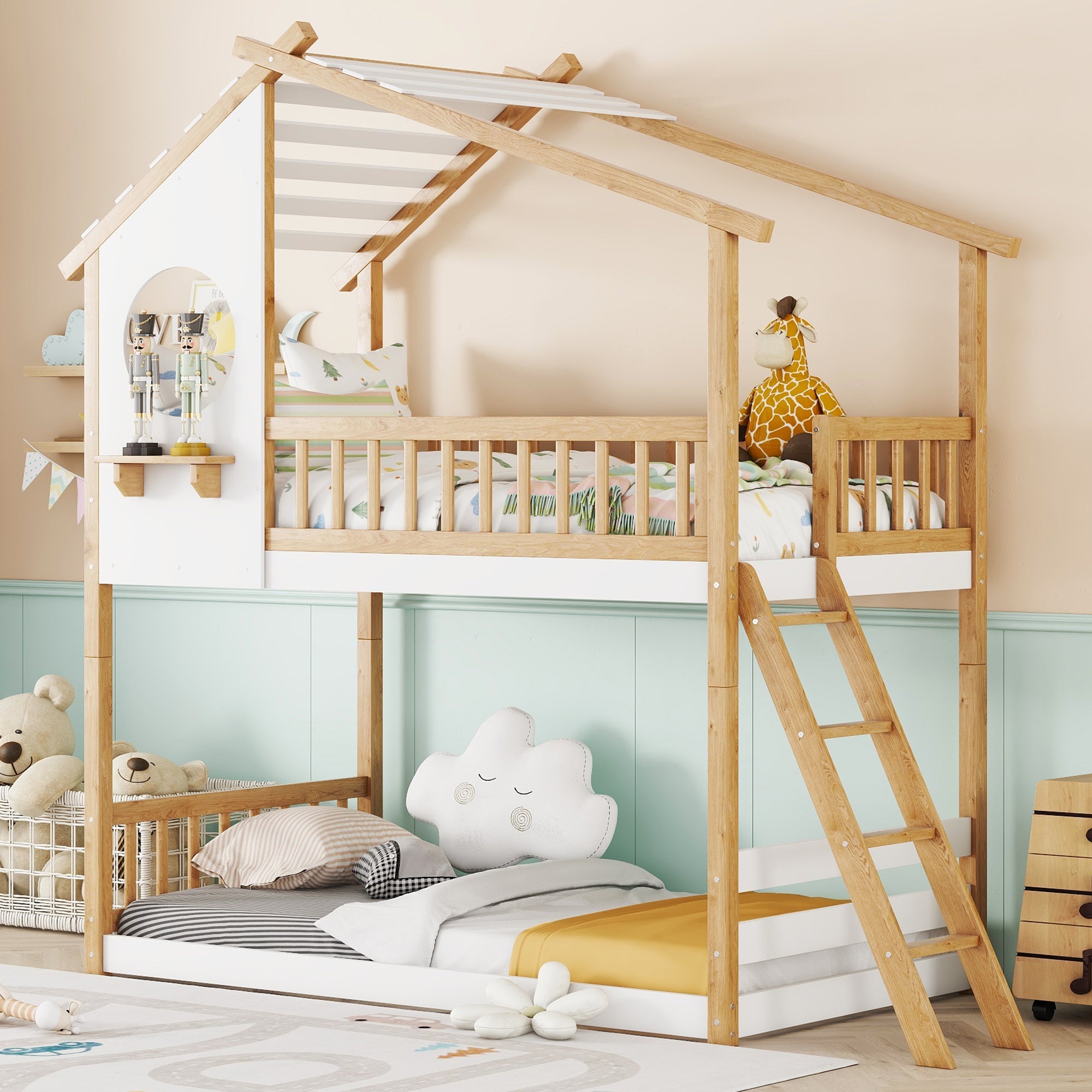 Twin Over Twin Bunk Bed Wood Bed with Roof, Window, Ladder,Natural image 1