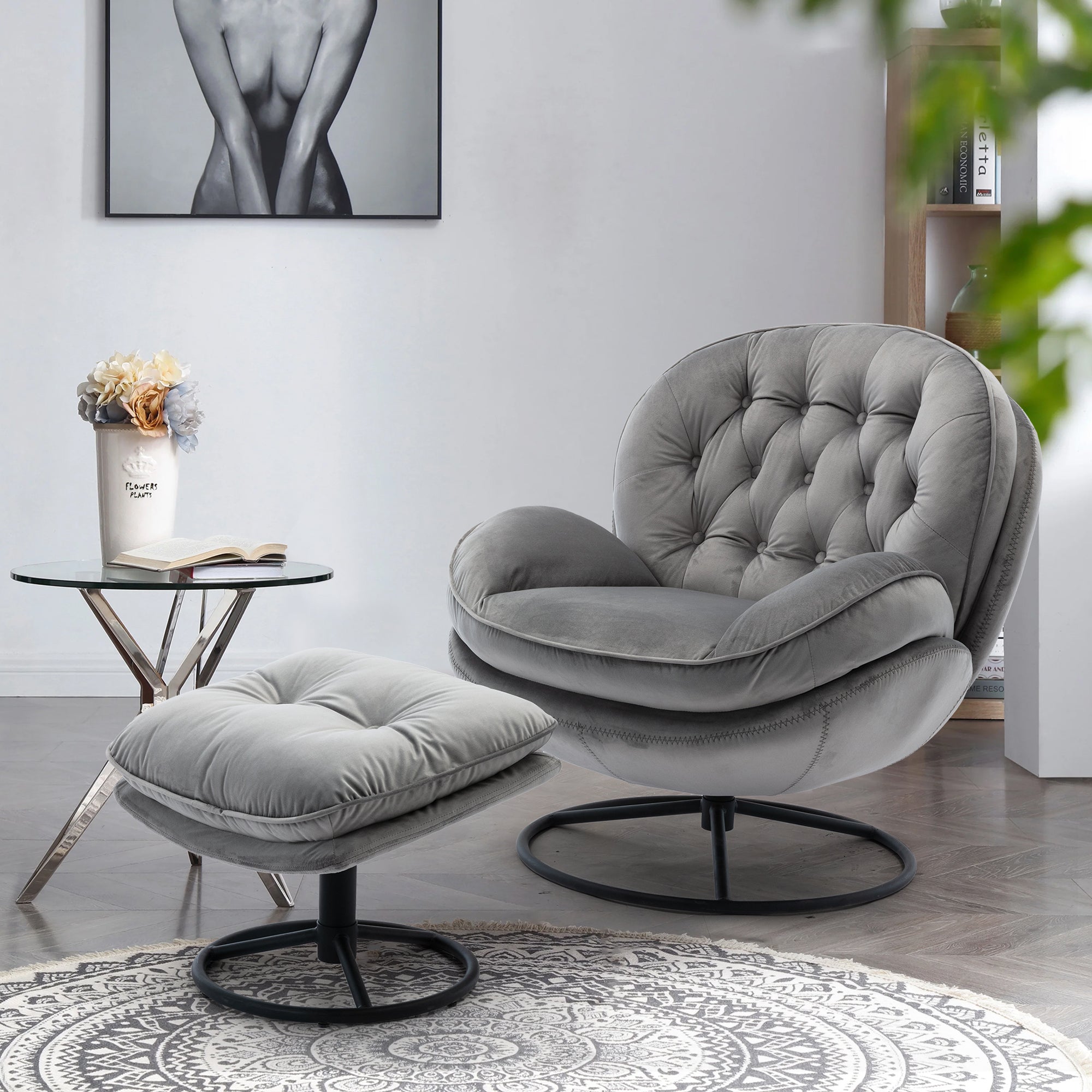 Accent chair TV Chair Living room Chair Grey with ottoman image 1
