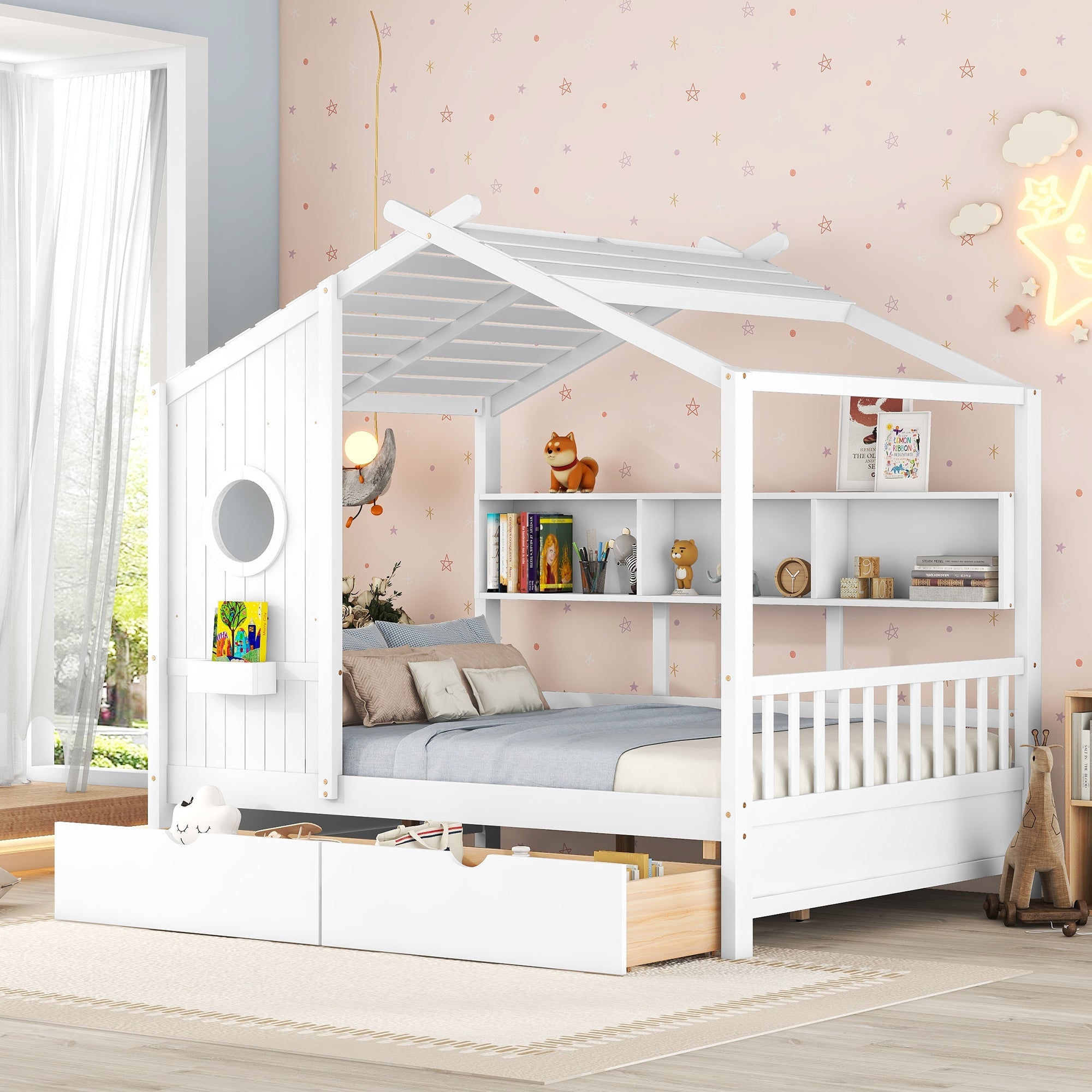 Wooden Full Size House Bed with 2 Drawers,Kids Bed with Storage Shelf, White image 1