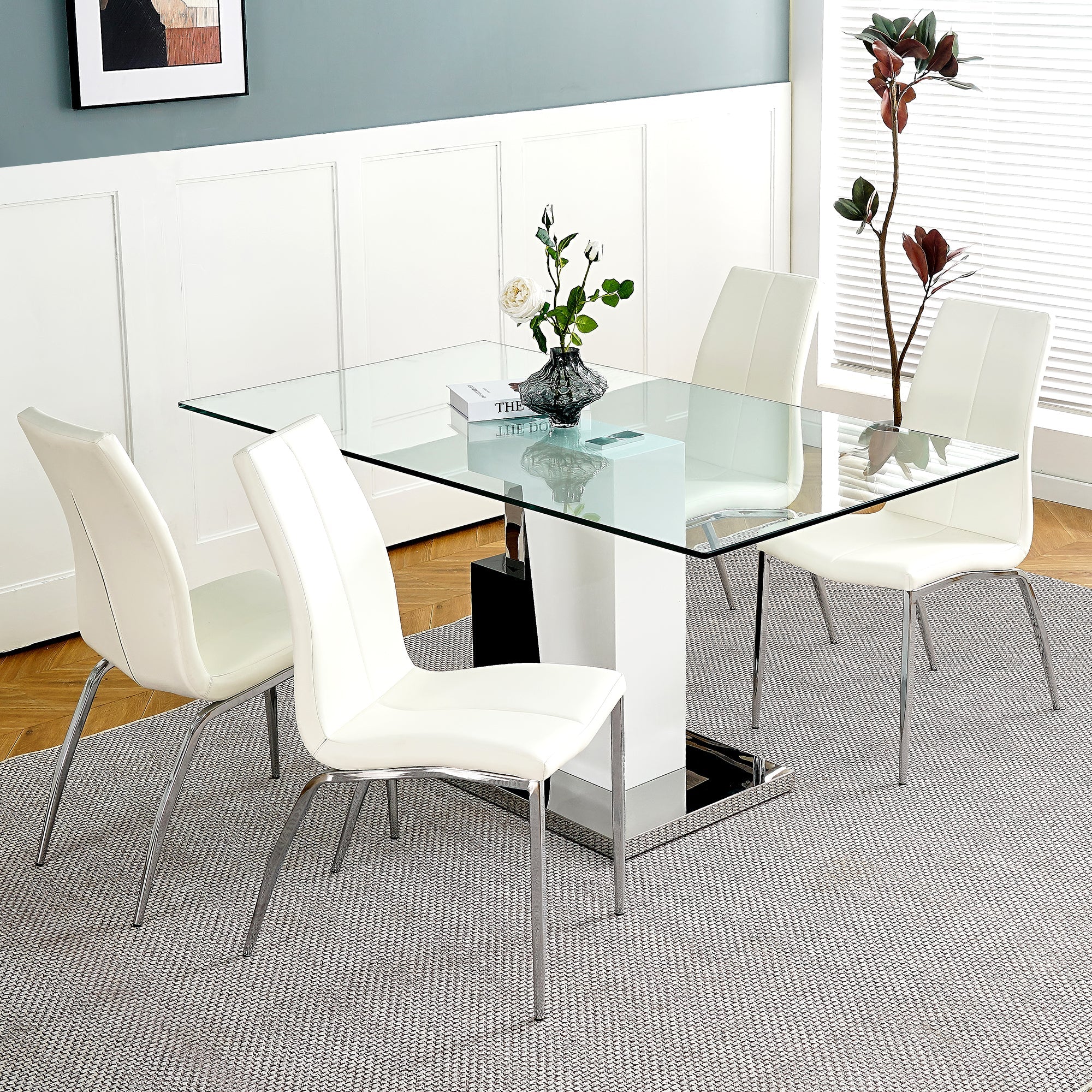Modern style glass table, PU fabric chair electroplated chair legs, solid support base, furniture made of selected materials to highlight fashion, suitable for living room use (set of 5) image 1