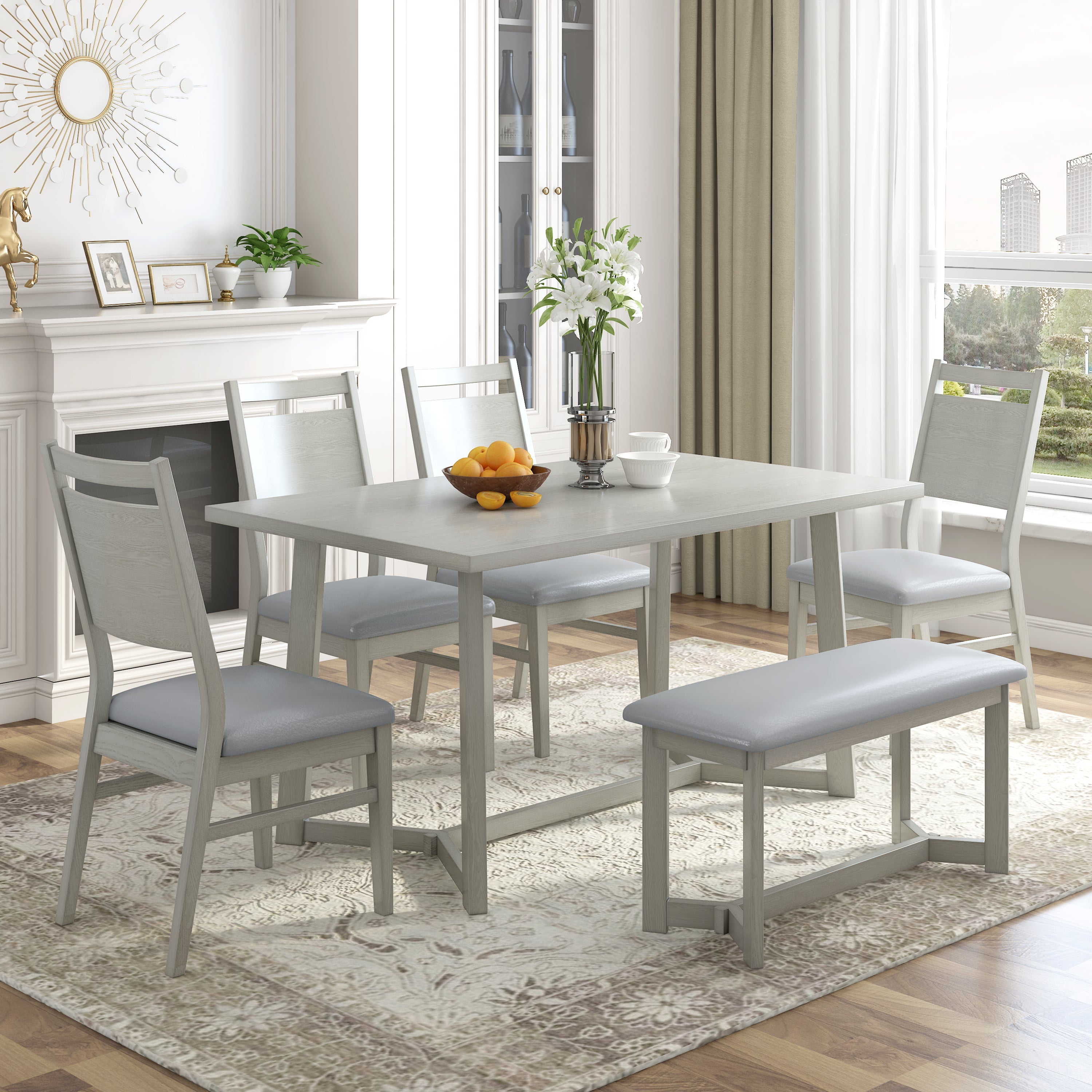 Farmhouse 6-Piece Wood Dining Table Set with 4 Upholstered Chairs and Bench, Gray image 1