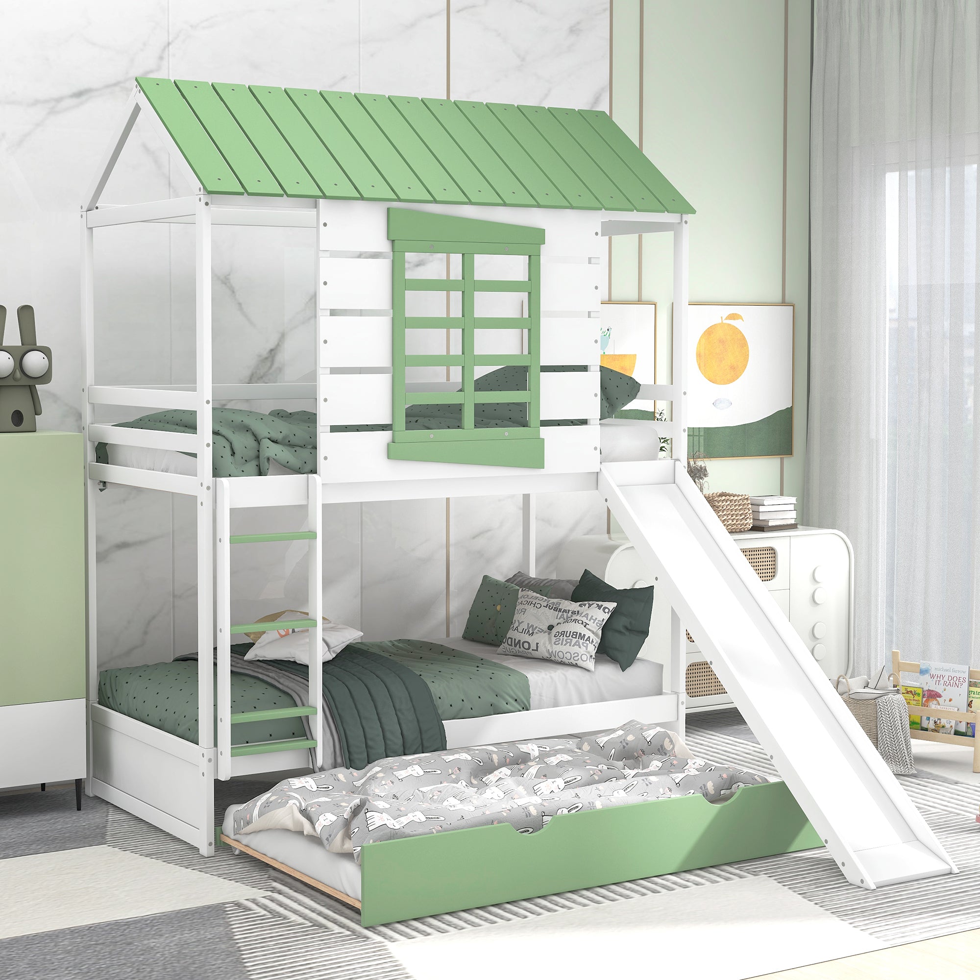 Twin over Twin Size House Bunk Bed with Convertible Slide and Trundle, White+Green image 1