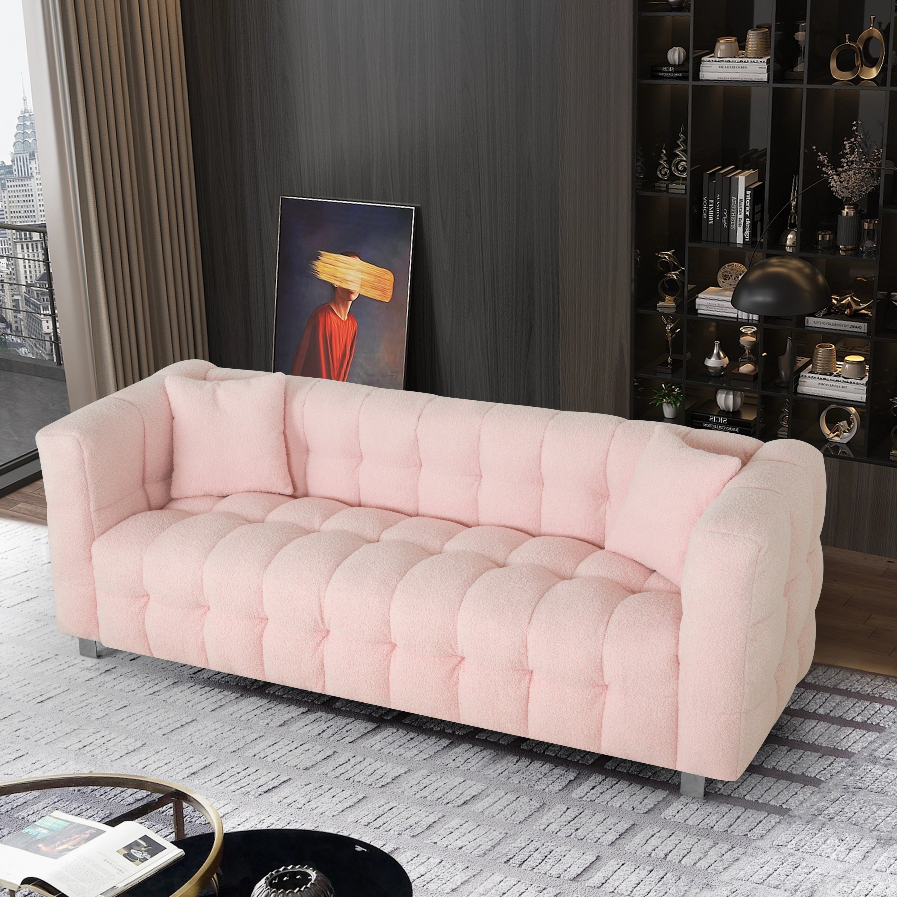 Pink teddy fleecesofa 80 inch discharge in living room bedroom with two throw pillows hardware foot support image 1