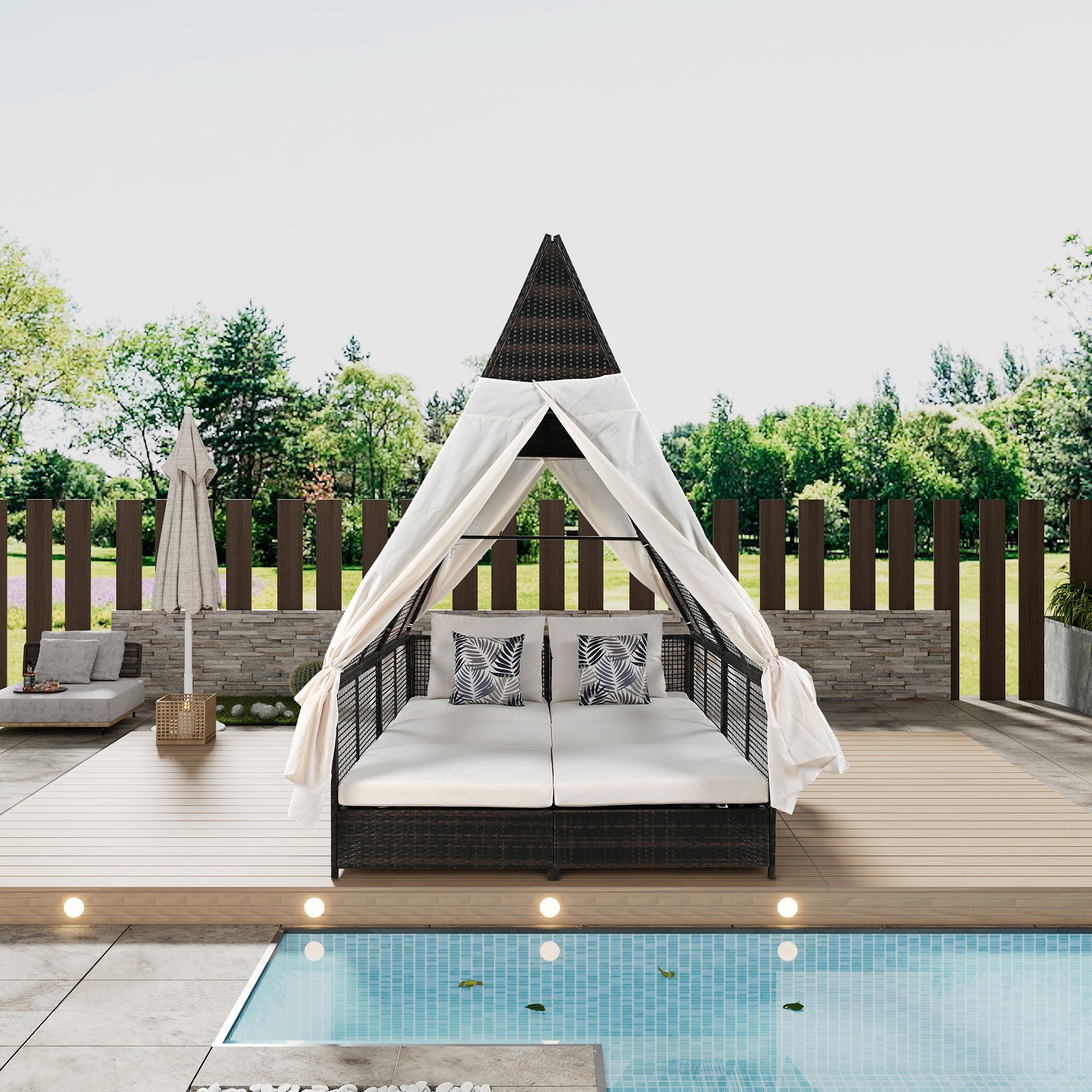 Outdoor Daybed Patio Lounge Bed with Adjustable Backrest Outdoor Double Sun Lounger with Curtains, 4 Pillows for Garden Patio Poolside Balcony Beach, Cream image 1