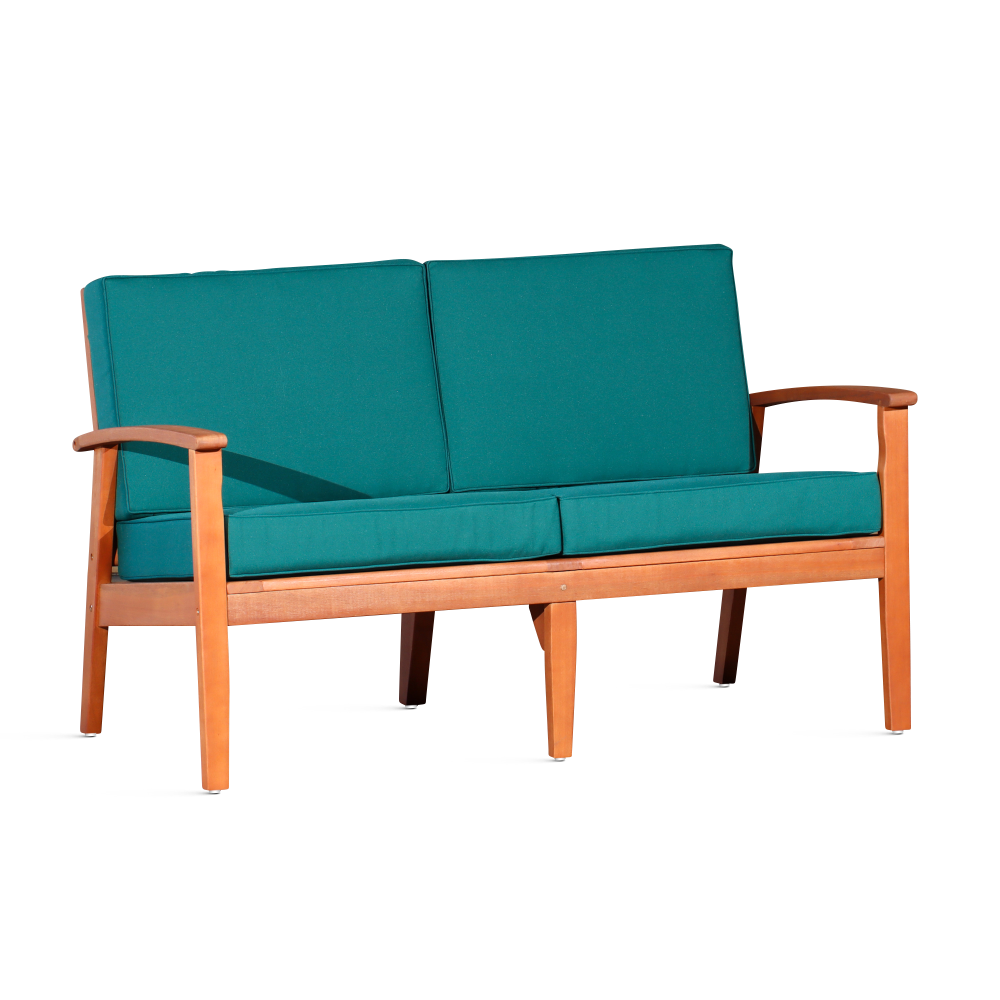 Eucalyptus Loveseat with Cushions, Natural Oil Finish, Dark Green Cushions image 1
