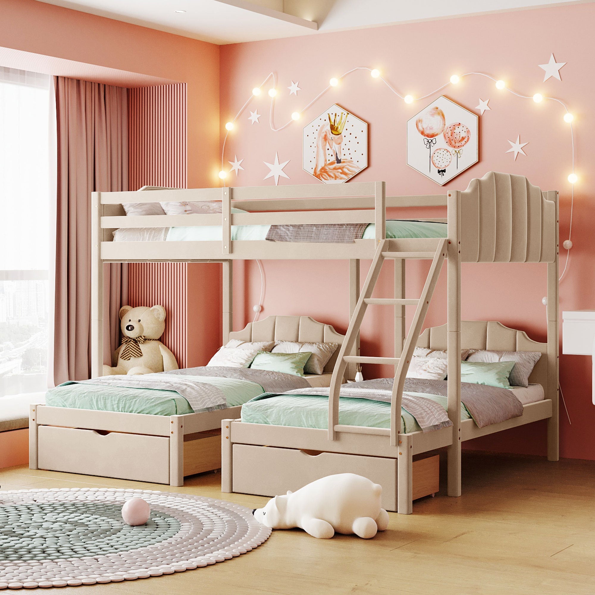 Full Over Twin & Twin Bunk Bed, Velvet Triple Bunk Bed with Drawers and Guardrails, Beige image 1