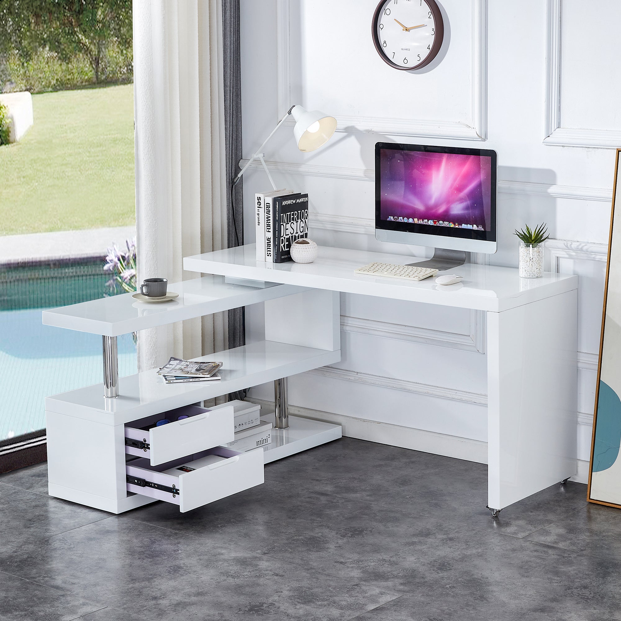 White environmentally friendly high-density board, minimalist corner bookshelf and office desk, desktop computer desk, integrated learning and writing corner desk, simple home. image 1
