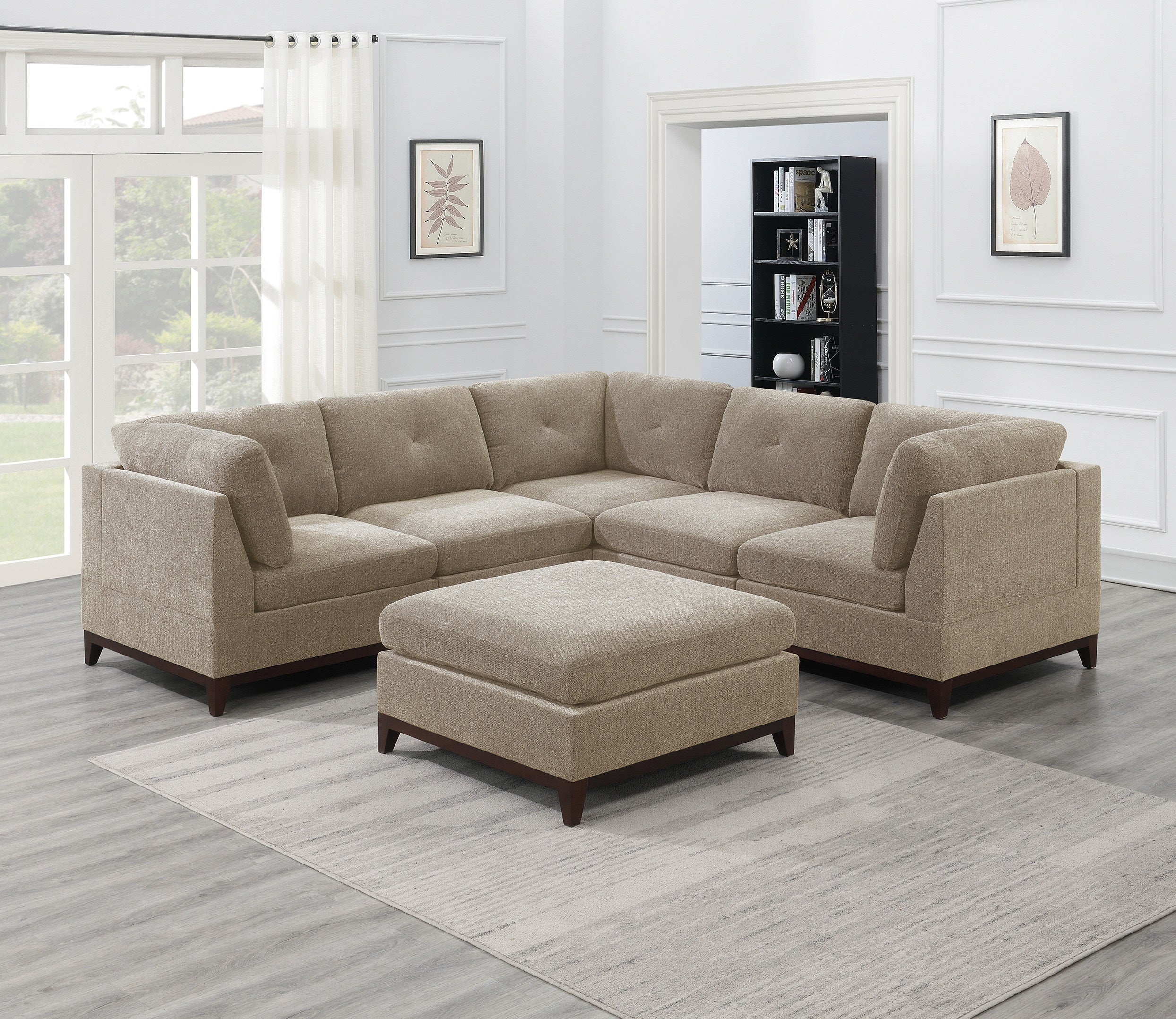 Camel Chenille Fabric Modular Sectional 6pc Set Living Room Furniture Corner Sectional Couch 3x Corner Wedge 2x Armless Chairs and 1x Ottoman Tufted Back image 1