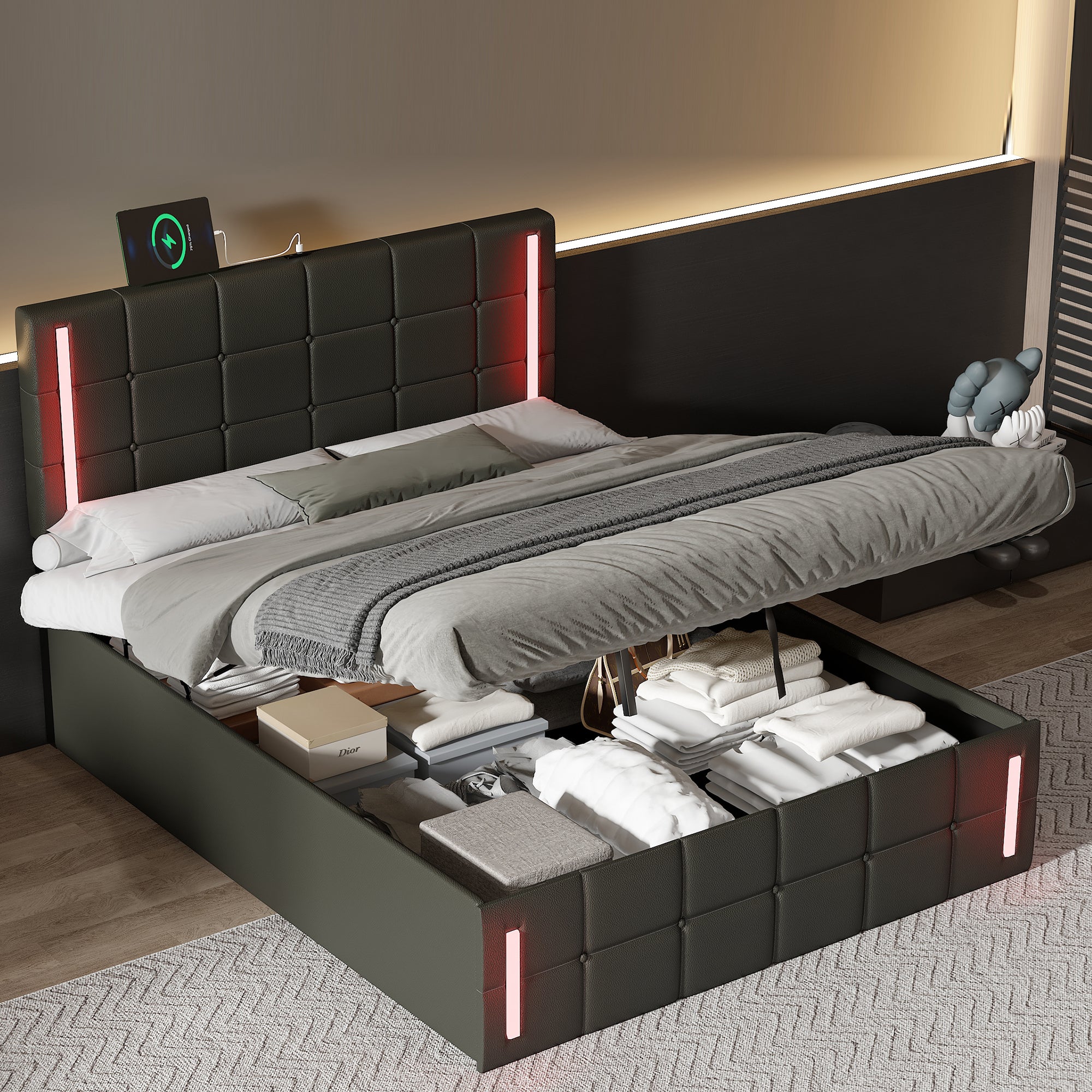Full Size Upholstered Bed with LED Lights,Hydraulic Storage System and USB Charging Station,Black image 1