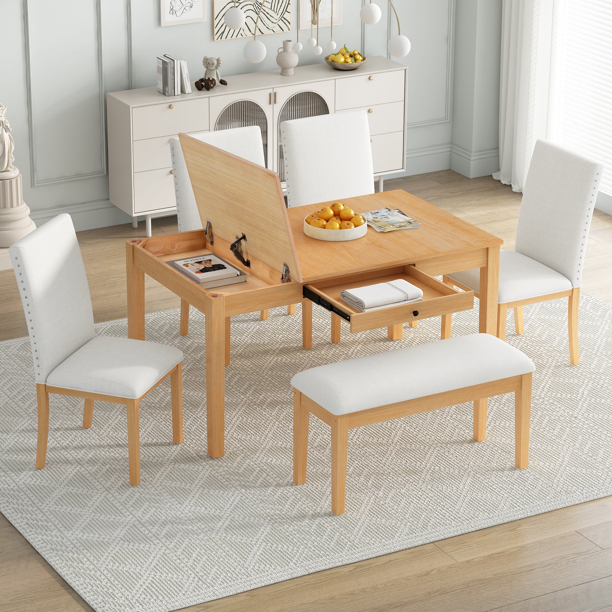 Farmhouse 6-Piece Dining Table Set with Storage Table, Kitchen Table Set with Drawer, Storable Bench and Upholstered Dining Chairs, Natural+Beige image 1