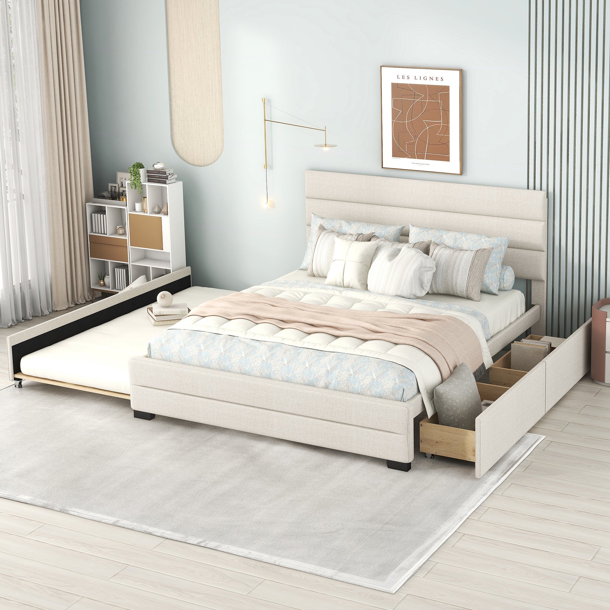 Queen Upholstered Platform Bed with Trundle and Two Drawers, Beige image 1