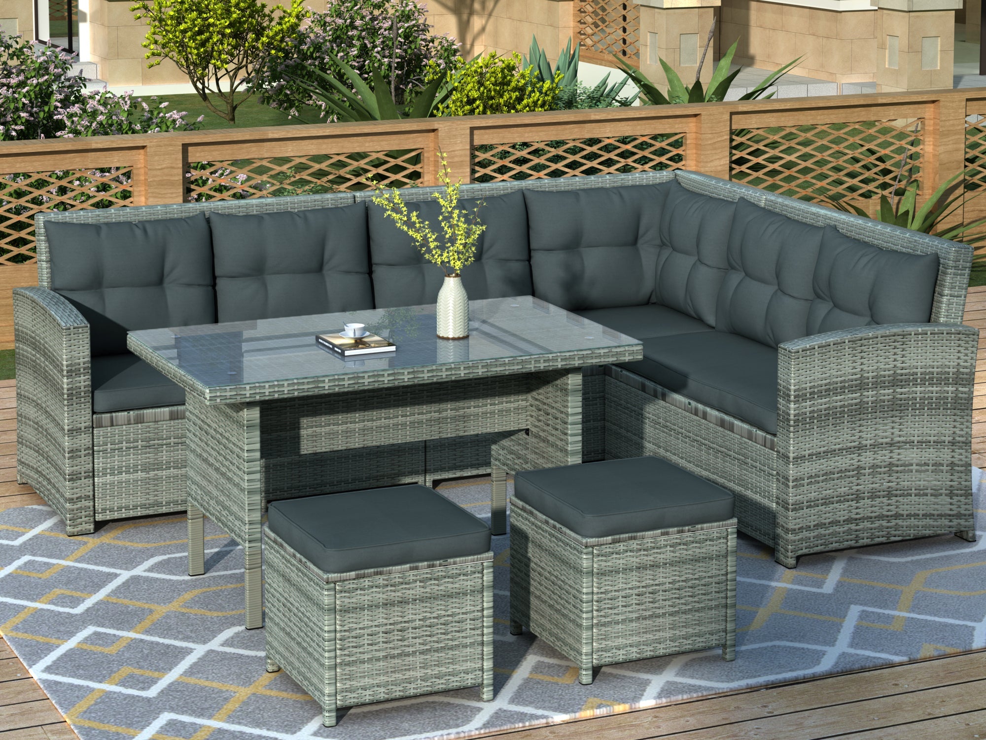 6-Piece Patio Furniture Set Outdoor Sectional Sofa with Glass Table, Ottomans for Pool, Backyard, Lawn (Gray) image 1