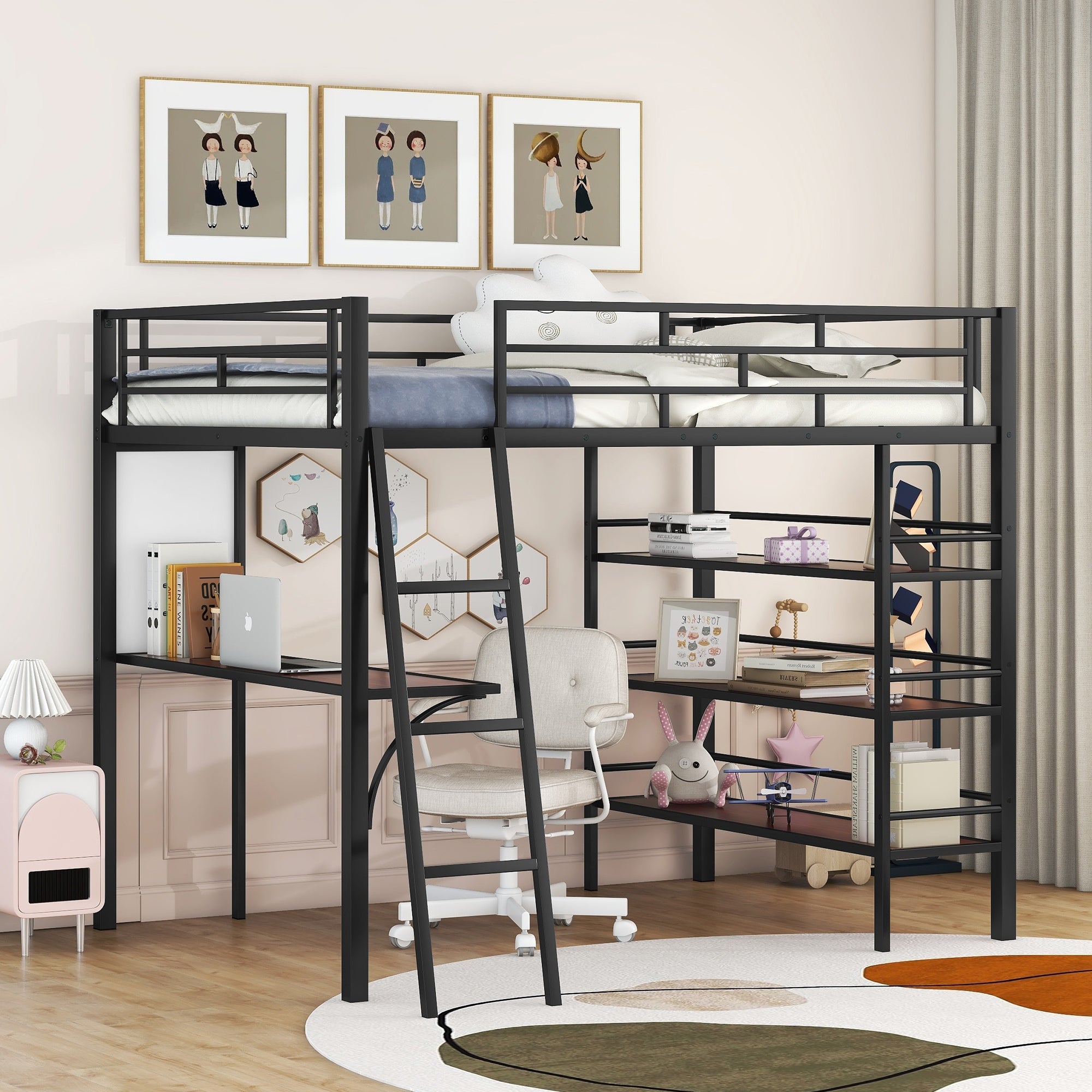 Full Size Loft Metal Bed with 3 Layers of Shelves and Desk, Stylish Metal Frame Bed with Whiteboard, Black image 1