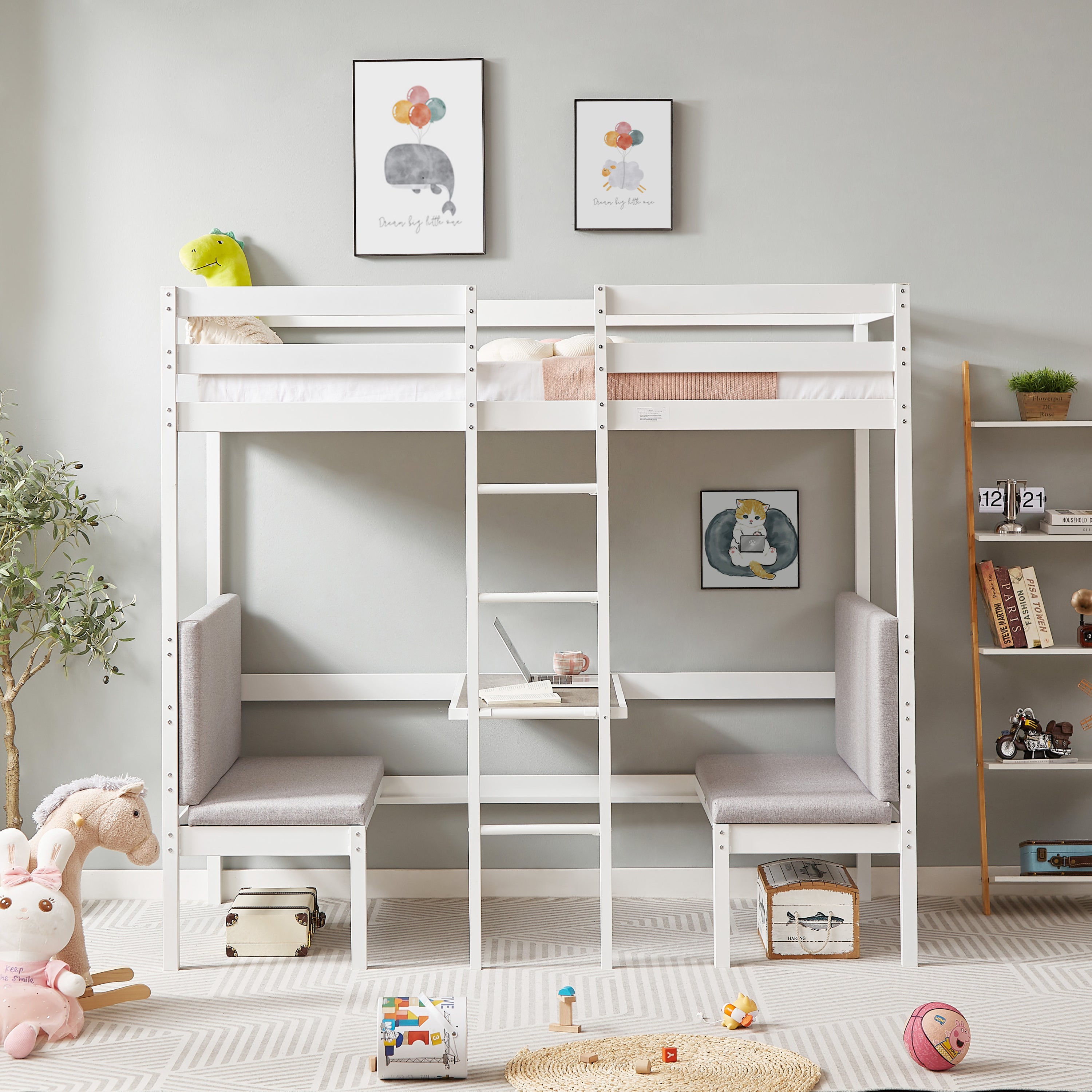 Twin Over Twin Bunk Beds Can be Turn into Upper Bed and Down Desk, Cushion Sets are Free. White,79