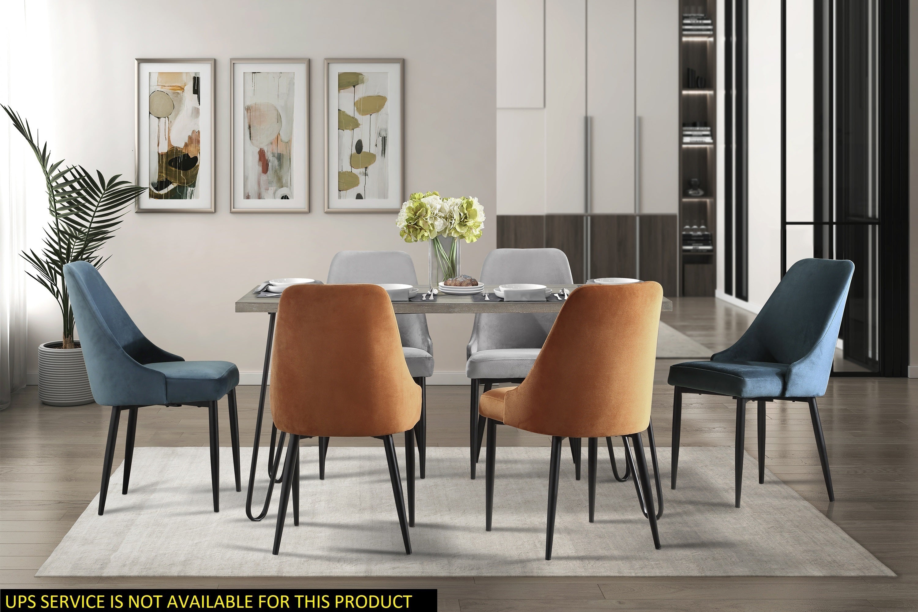 Modern Sleek Design 7pc Dining Set Table and 6x Side Chairs Blue Orange Gray Velvet Upholstered Metal Frame Stylish Dining Furniture image 1