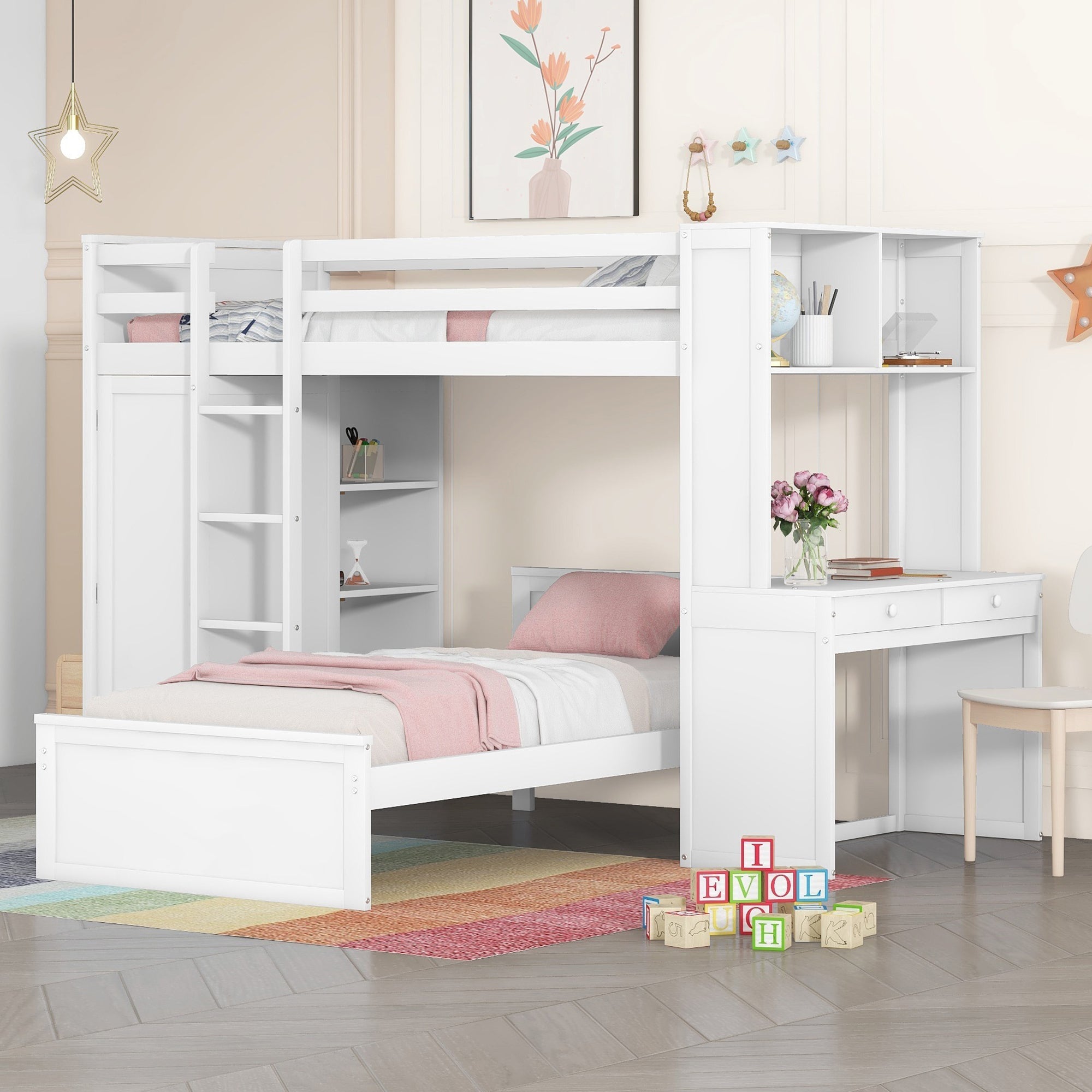 Twin size Loft Bed with a Stand-alone bed, Shelves,Desk,and Wardrobe-White image 1