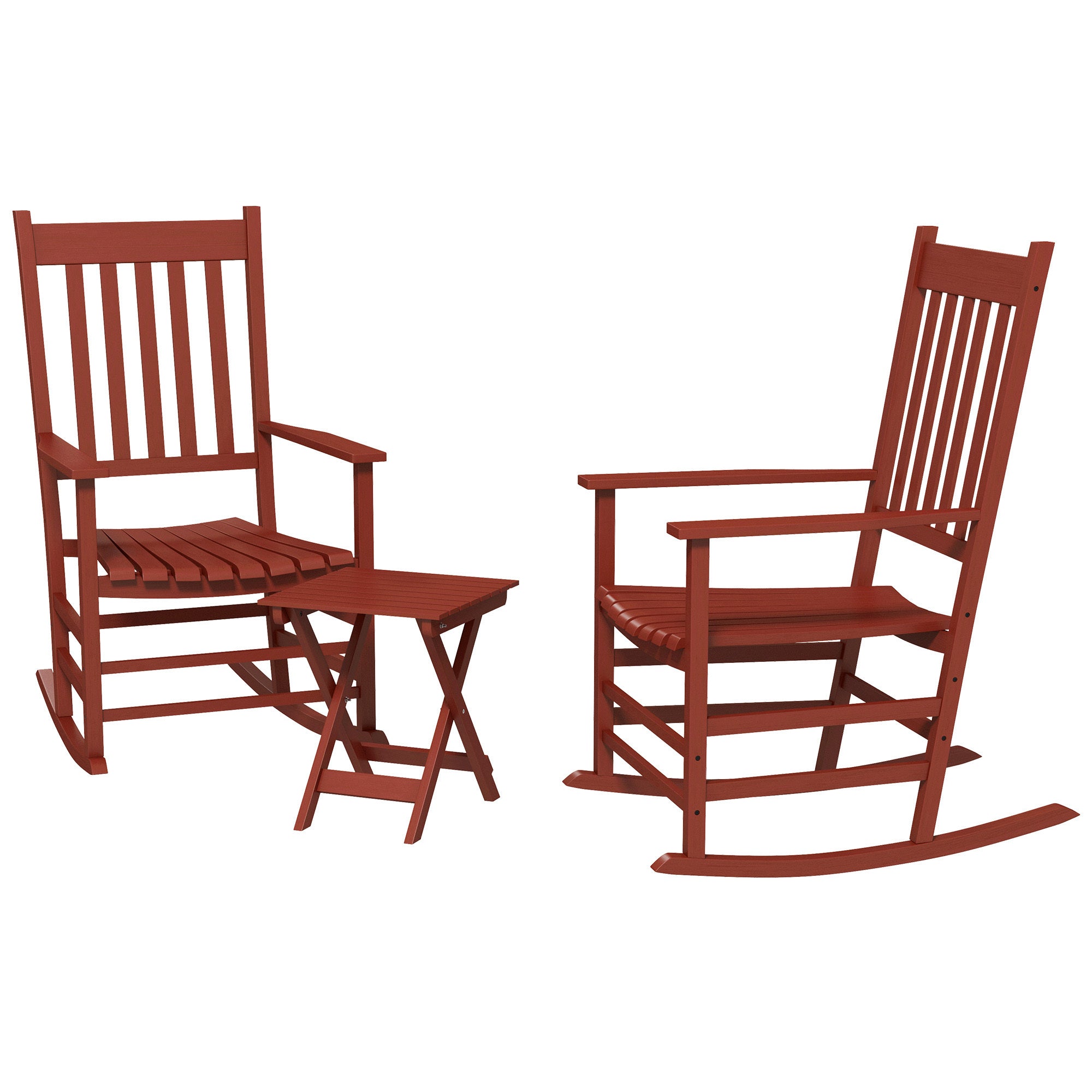 Outdoor Rocking Chair Set of 2 with Side Table, Patio Wooden Rocking Chair with Smooth Armrests, High Back for Garden, Balcony, Porch, Supports Up to 352 lbs., Wine Red image 1