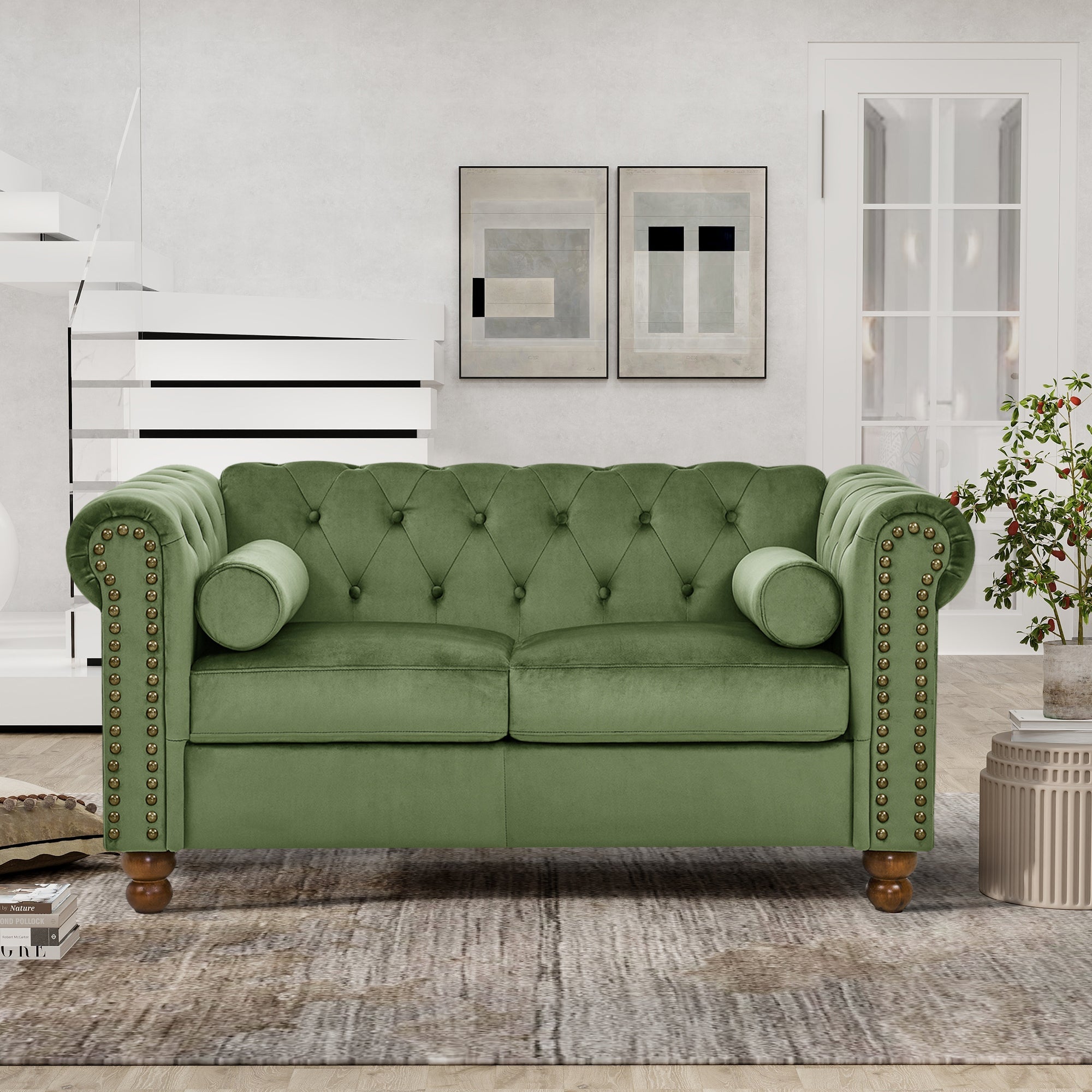 PHOYAL Large LOVE SEAT, Velvet Sofa TWO-seat Sofa Classic Tufted Chesterfield Settee Sofa Modern 2 Seater Couch Furniture Tufted Back for Living Room (Green) image 1