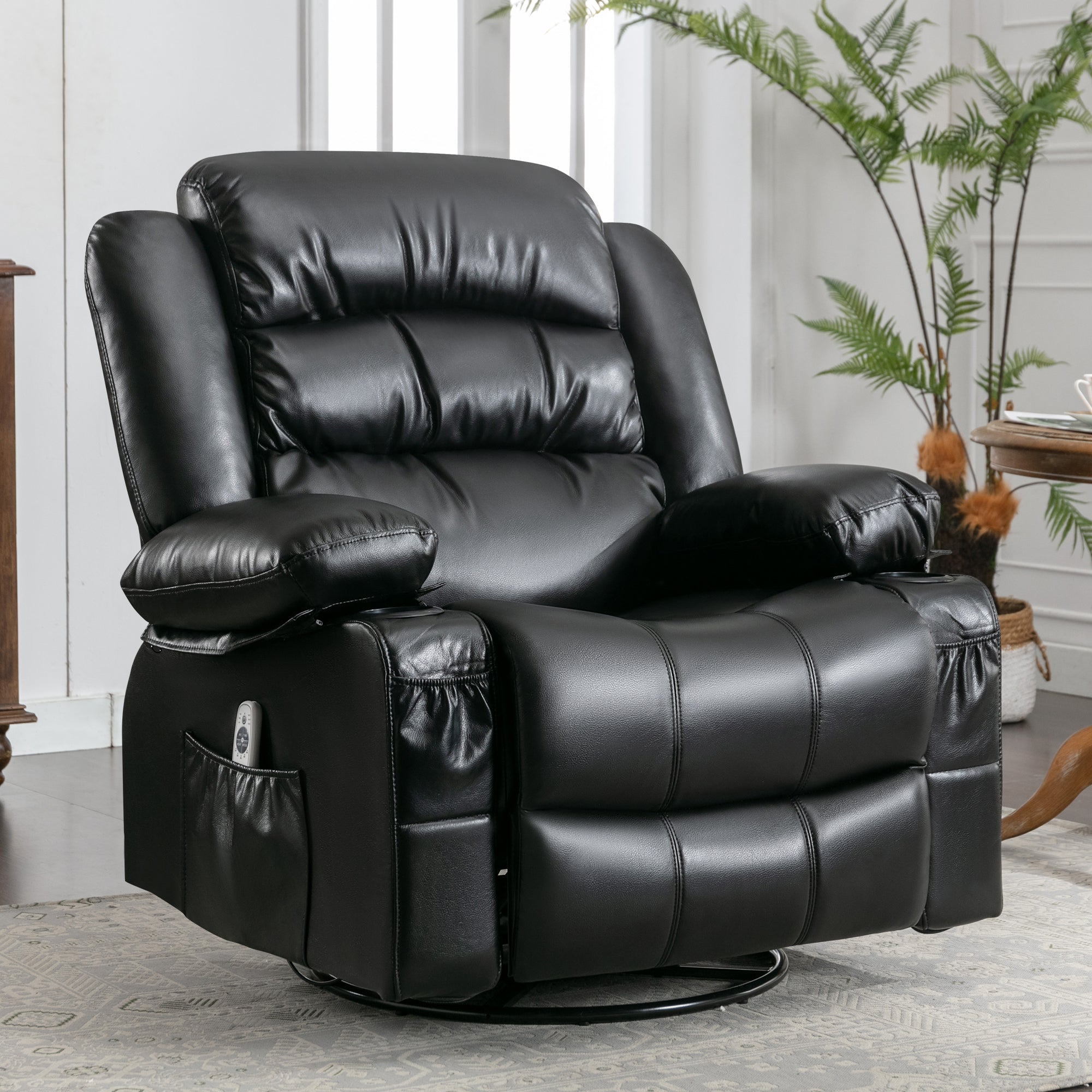 Massage Swivel Rocker Recliner Chair with Vibration Massage and Heat Ergonomic Lounge Chair for Living Room with Rocking Function and Side Pocket 2 Cup Holders USB Charge Port, black. image 1
