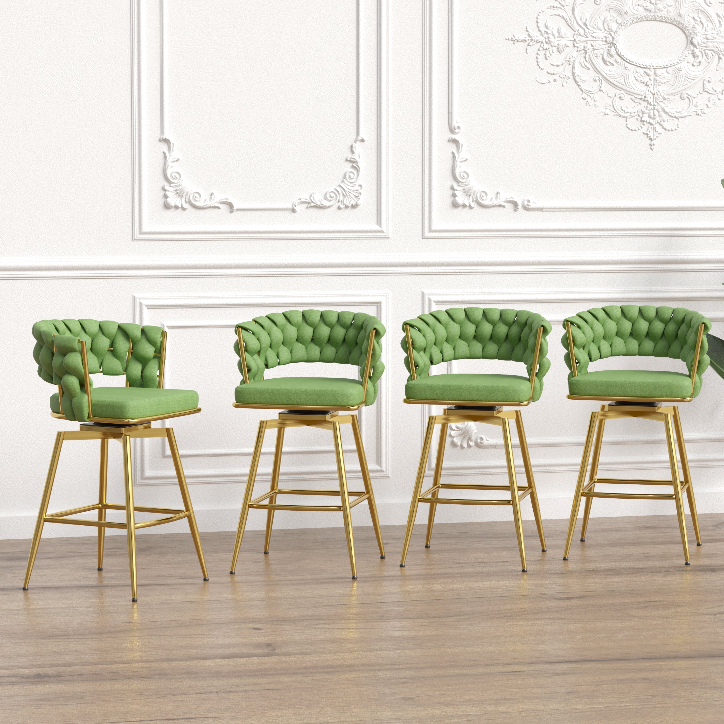 Bar Chair Linen Woven Bar Stool Set of 4,Golden legs Barstools No Adjustable Kitchen Island Chairs,360 Swivel Bar Stools Upholstered Bar Chair Counter Stool Arm Chairs with Back Footrest, (Green) image 1