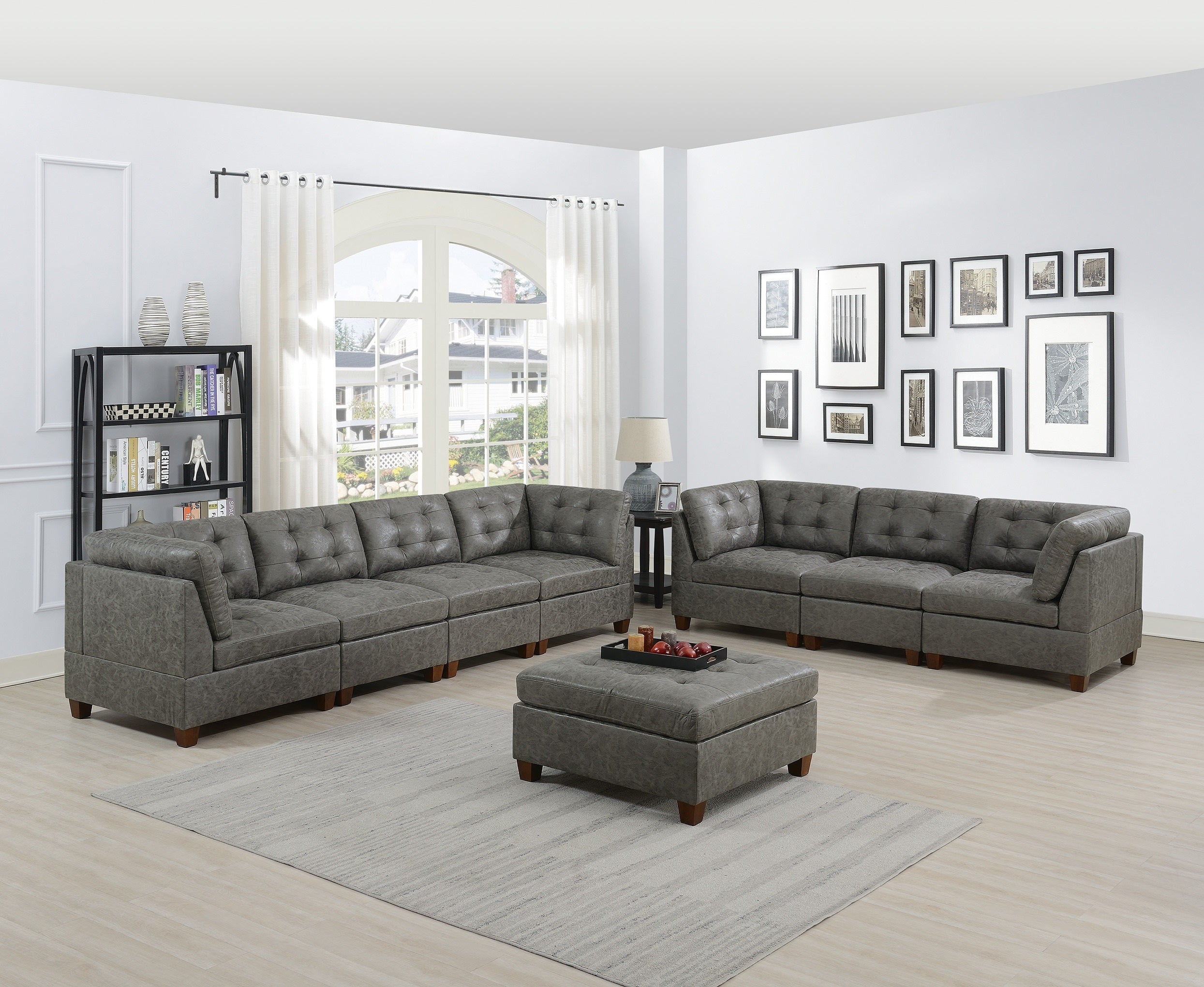 Living Room Furniture Antique Grey Modular Sofa Set 8pc Set Breathable Leatherette Tufted Couch 4x Corner Wedge 3x Armless Chairs and 1x Ottoman image 1