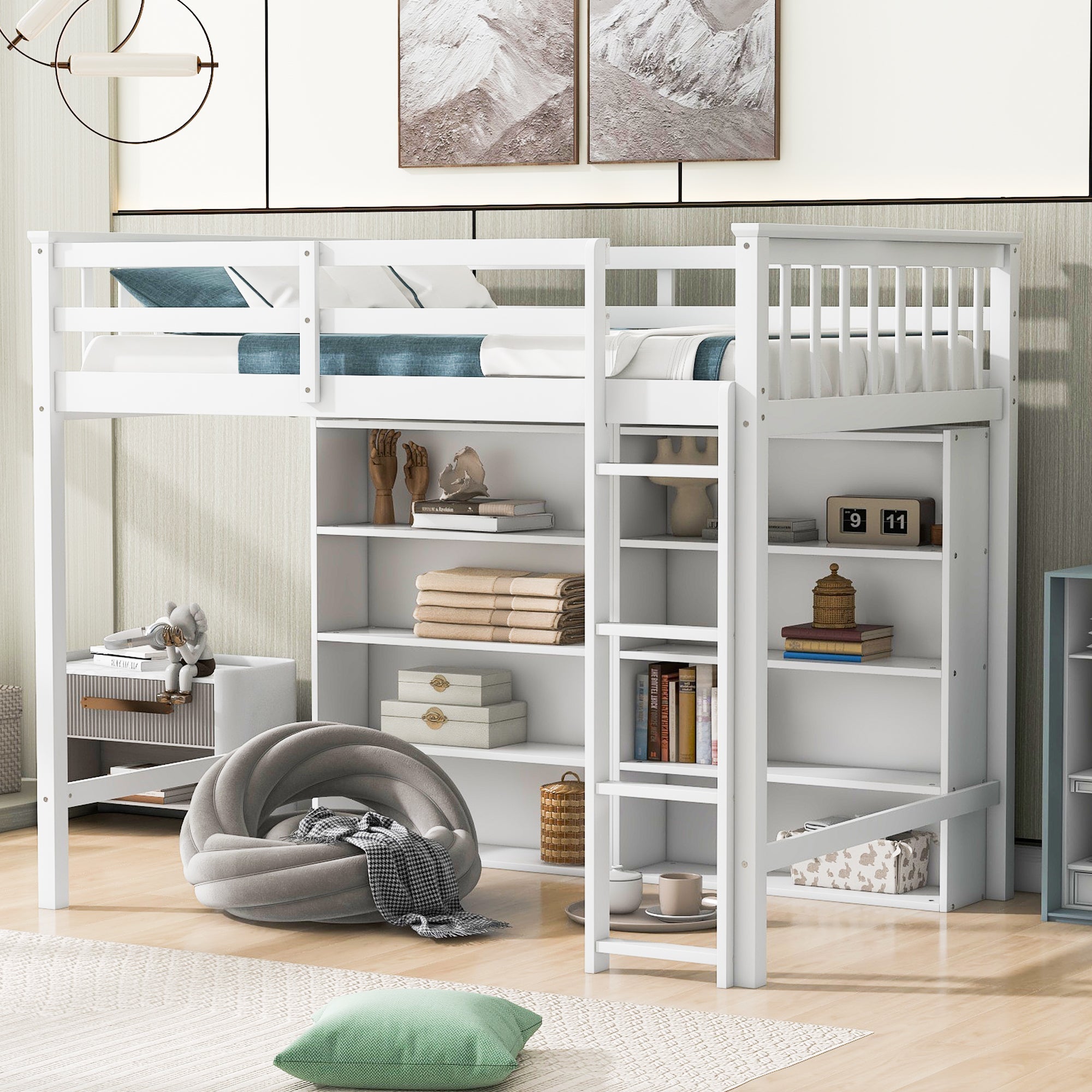 Twin Size Loft Bed with 8 Open Storage Shelves and Built-in Ladder, White image 1