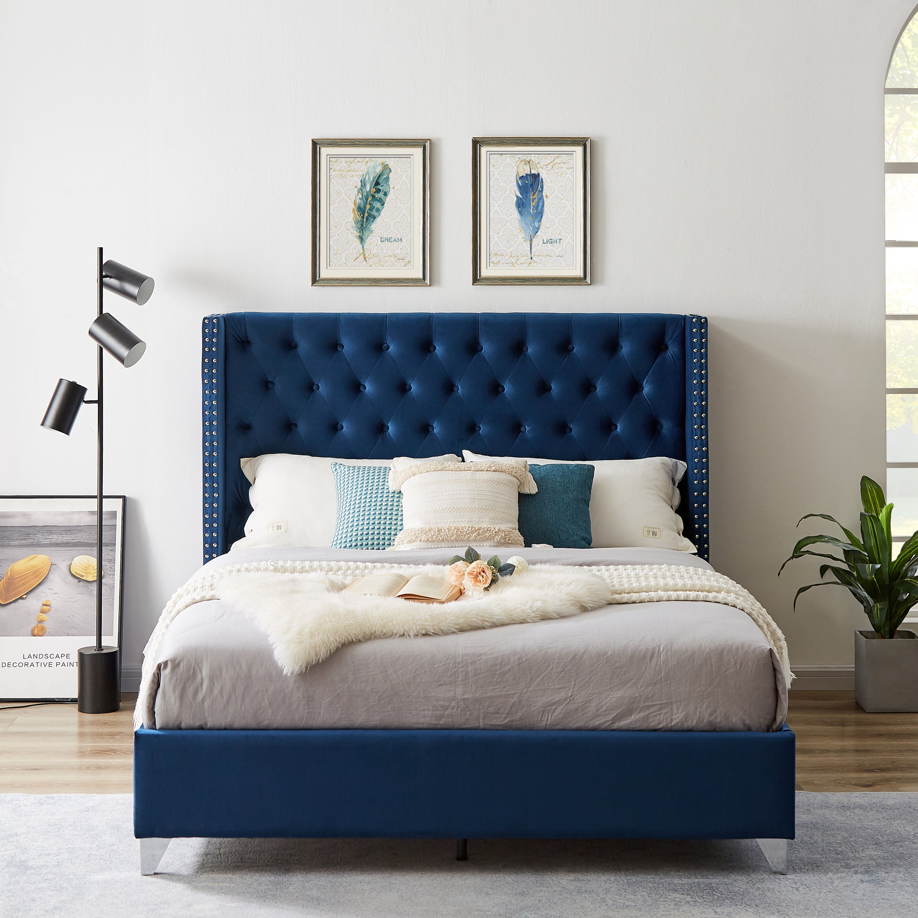 Queen bed, Button designed Headboard, strong wooden slats + metal legs with Electroplate image 1