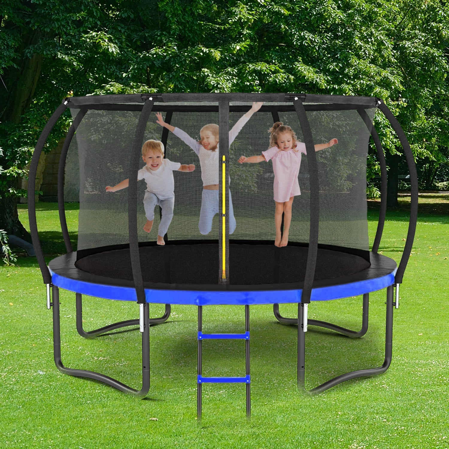 14FT Outdoor Big Trampoline With Inner Safety Enclosure Net, Ladder, PVC Spring Cover Padding, For Kids, Black&Blue Color image 1
