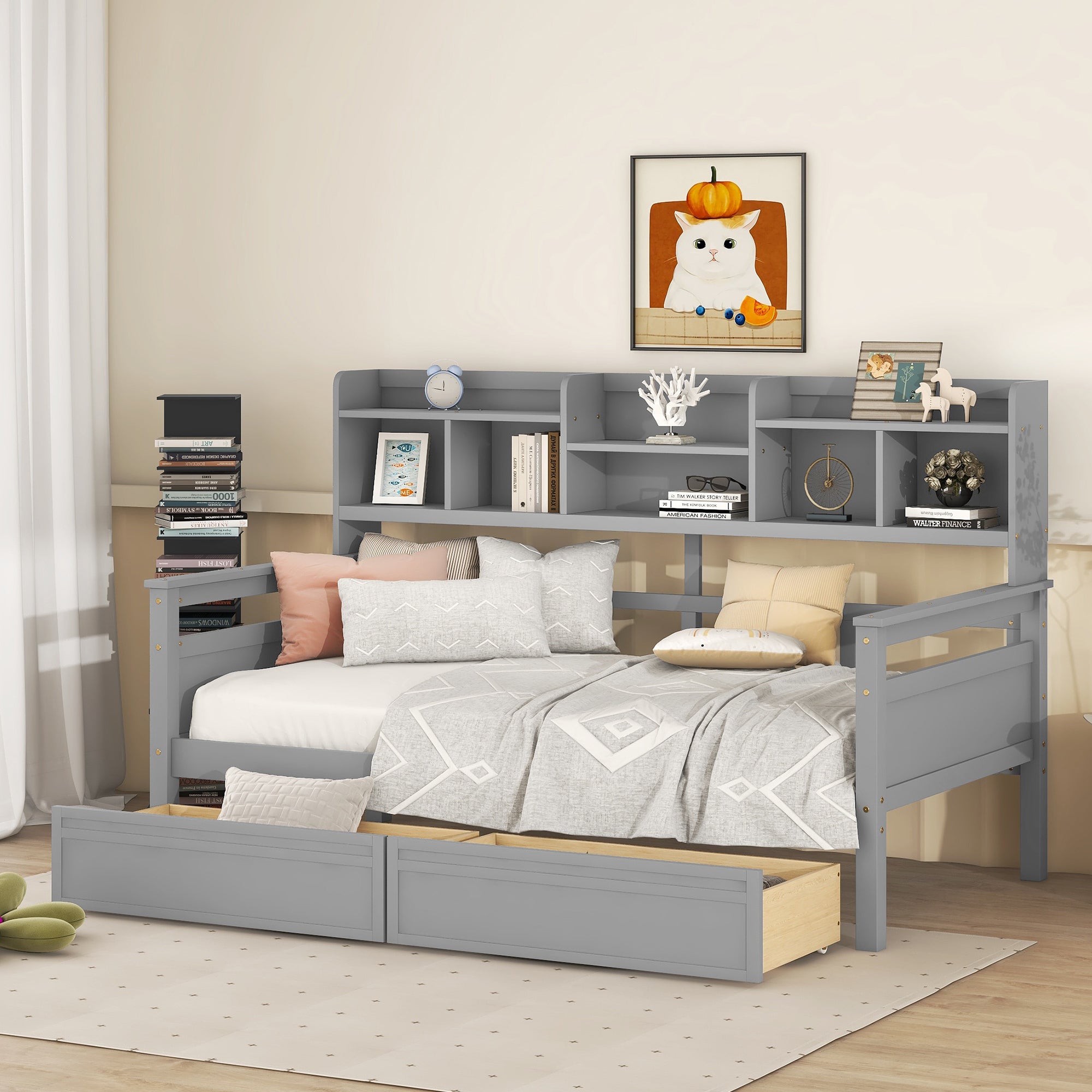 Twin size Daybed, Wood Slat Support, with Bedside Shelves and Two Drawers, Gray image 1