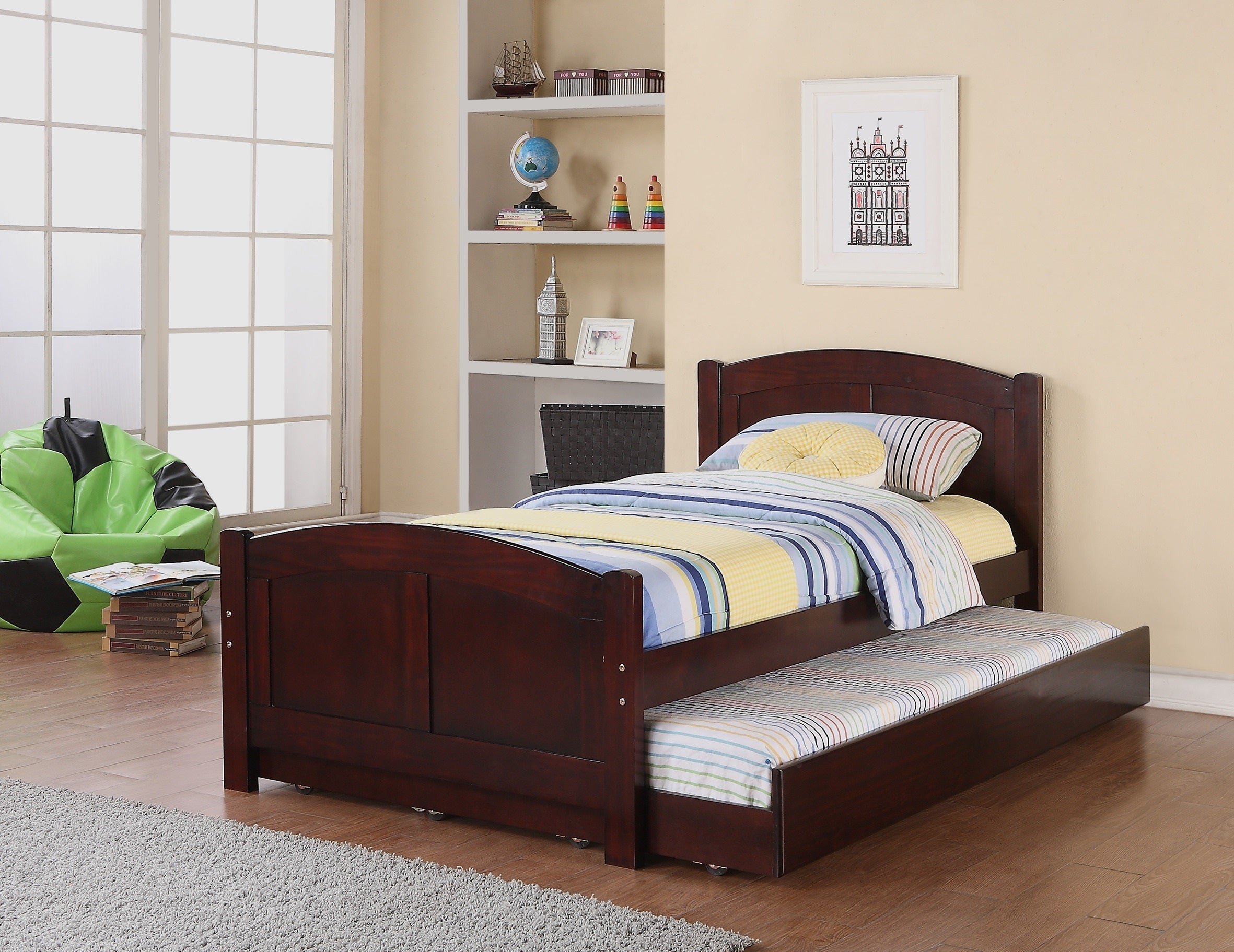 Twin Size Bed w/ Trundle Slats Dark Cherry Pine Plywood Kids Youth Bedroom Furniture image 1