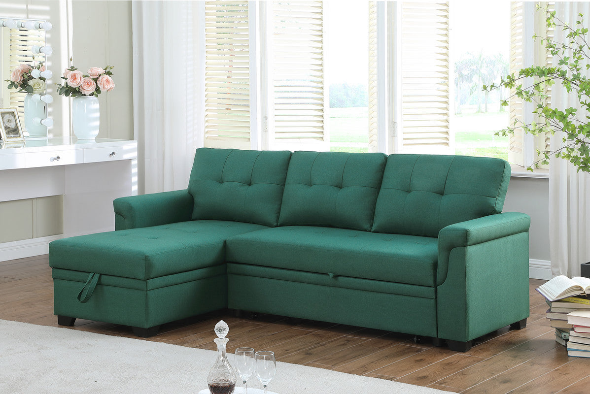 Lucca Green Linen Reversible Sleeper Sectional Sofa with Storage Chaise image 1