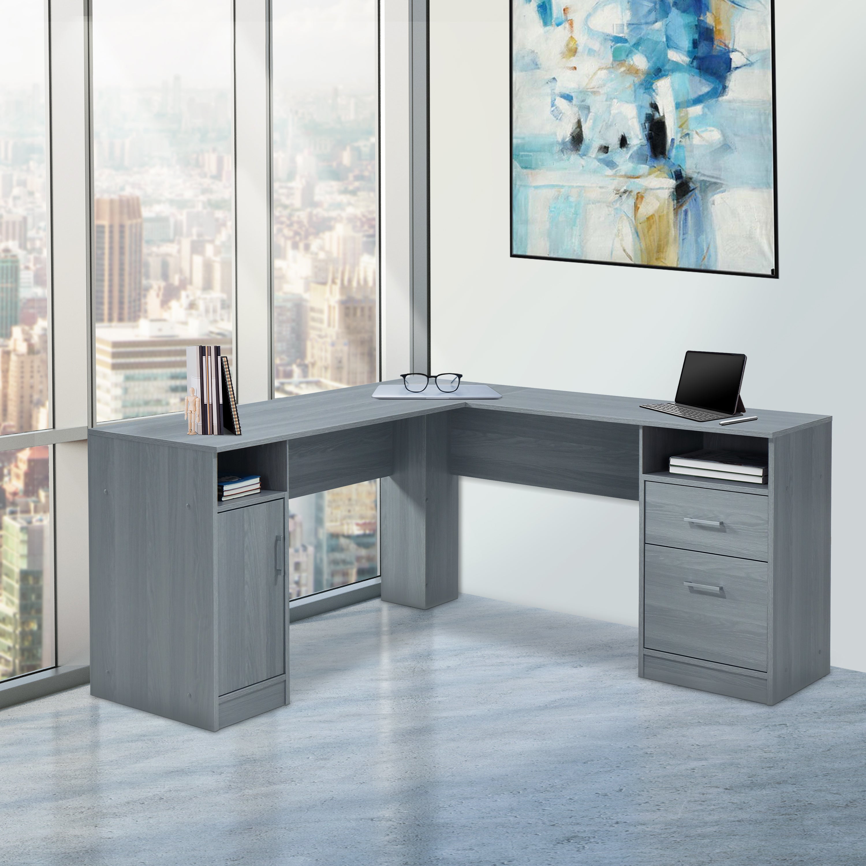 Functional L-Shape Desk with Storage, Grey image 1