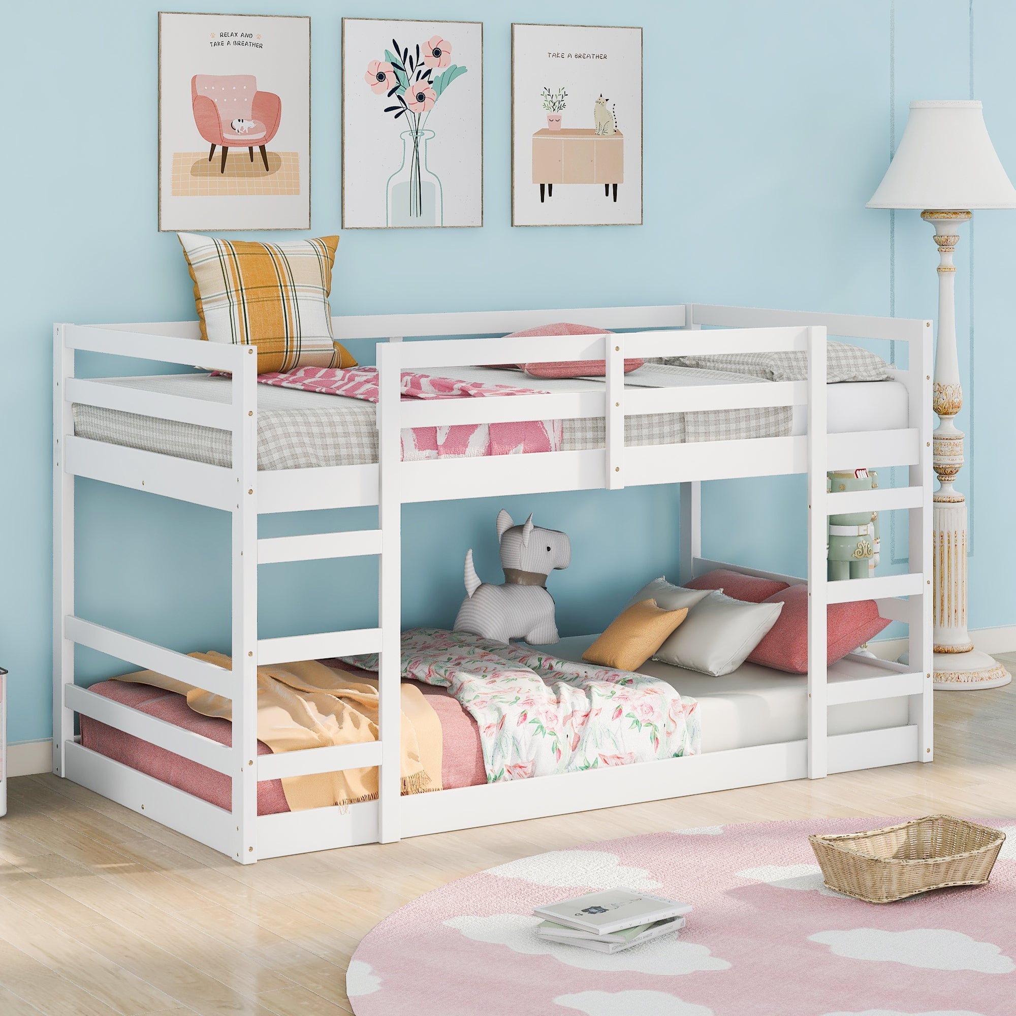 Twin Over Twin Bunk Bed with Ladder, White image 1